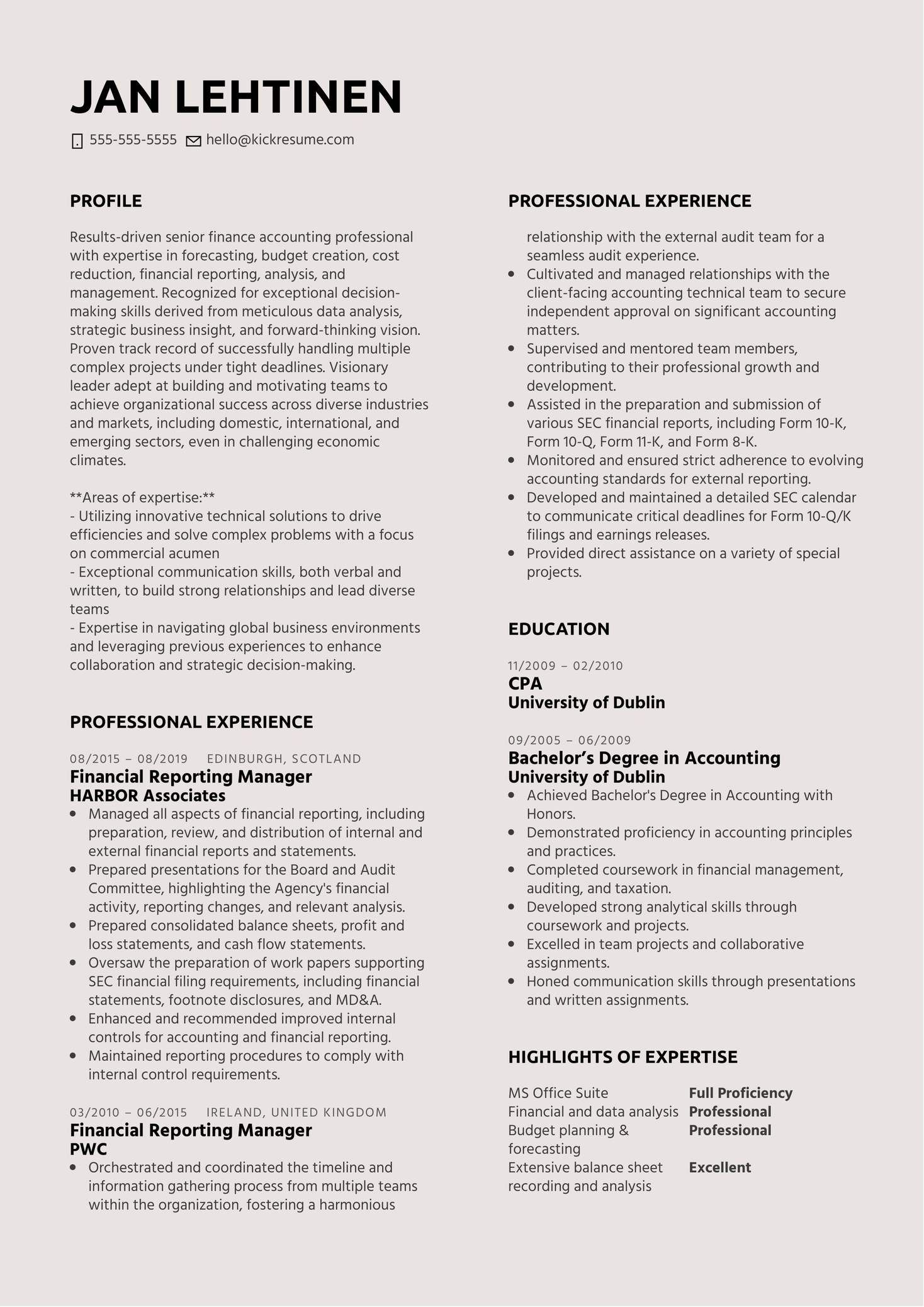 Financial Reporting Manager Resume Example