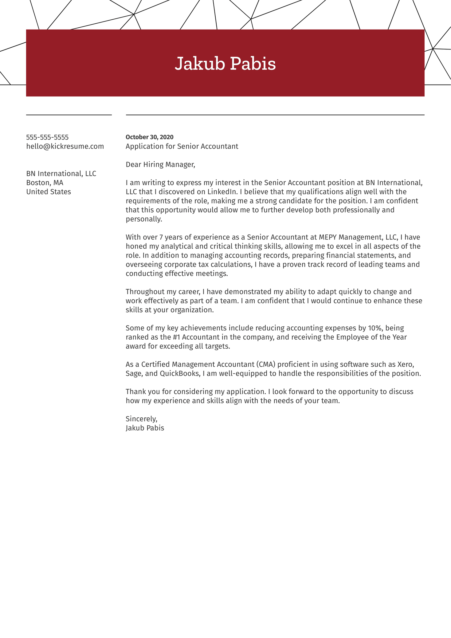 Senior Accountant Cover Letter Sample