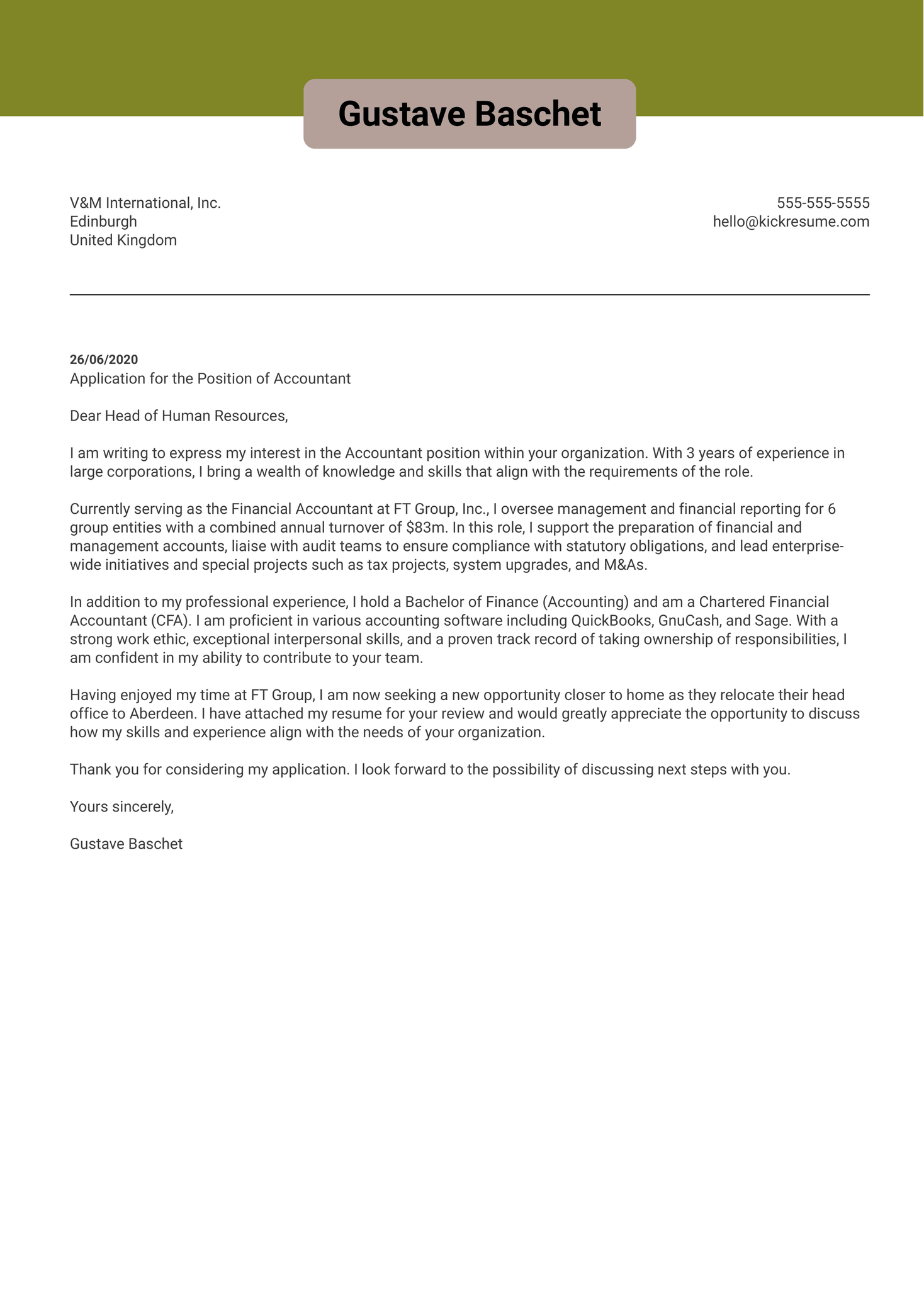 Professional Accountant Cover Letter Example