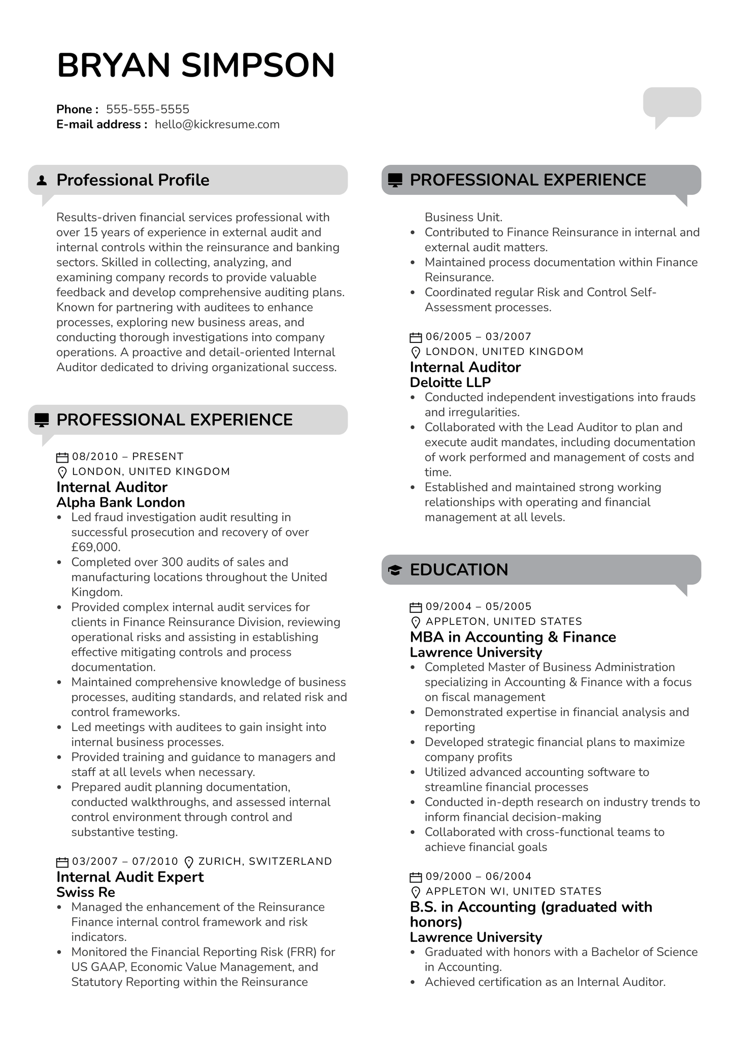 Internal Auditor Resume Sample