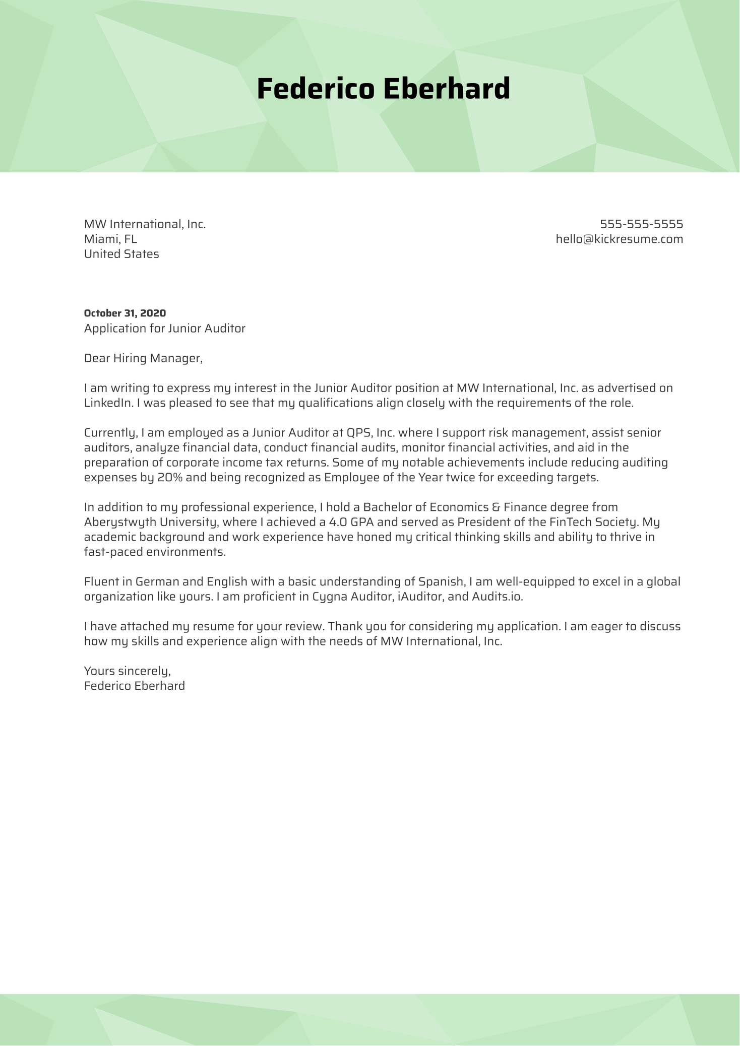 Junior Auditor Cover Letter Sample