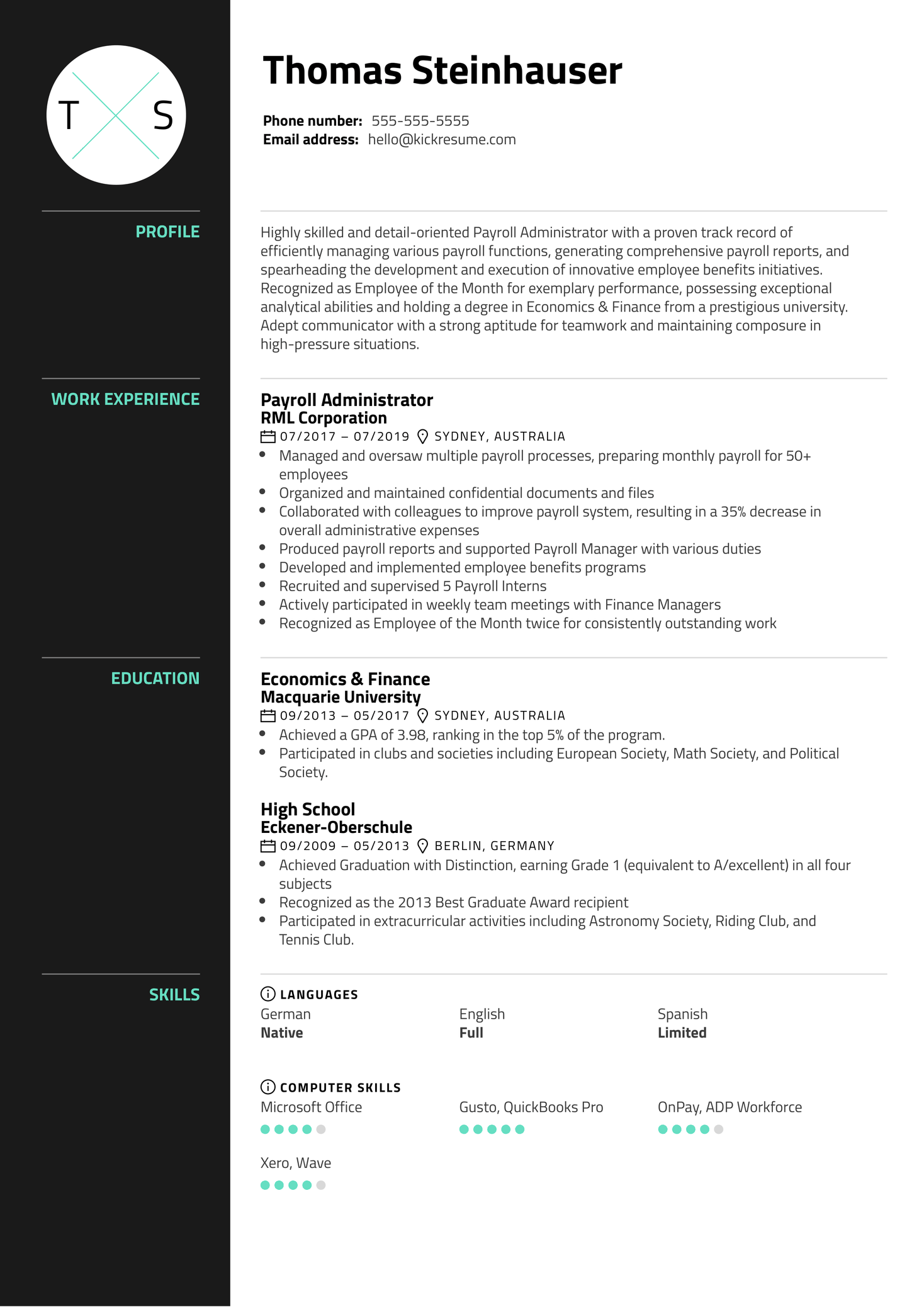 Payroll Administrator Resume Sample