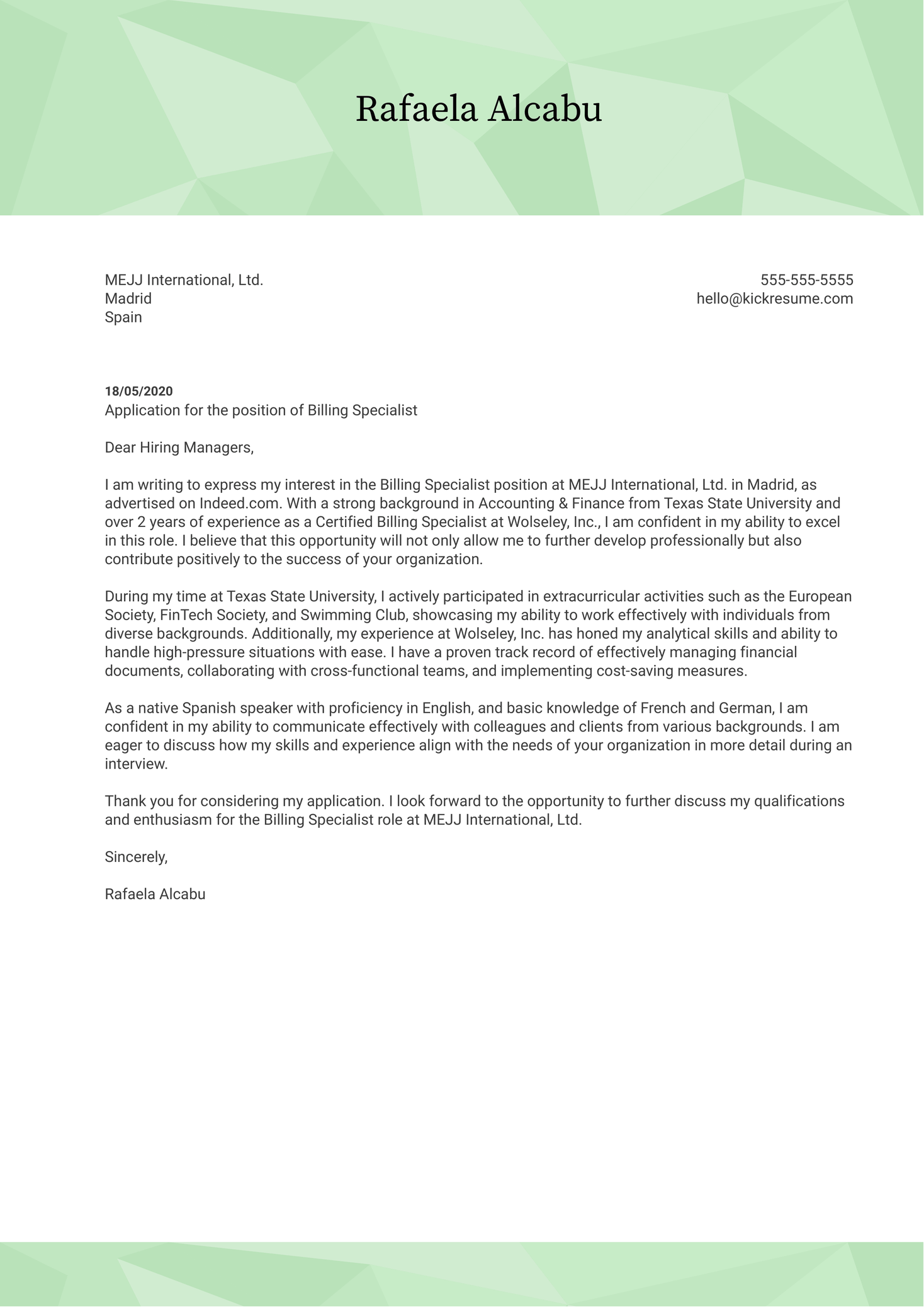 Billing Specialist Cover Letter Sample