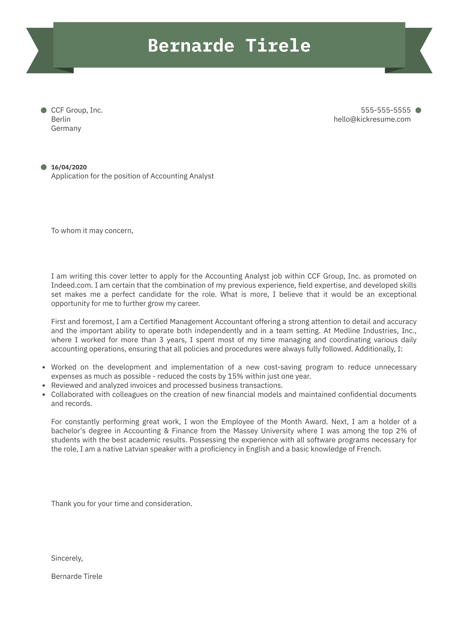 Accounting Analyst Cover Letter Sample