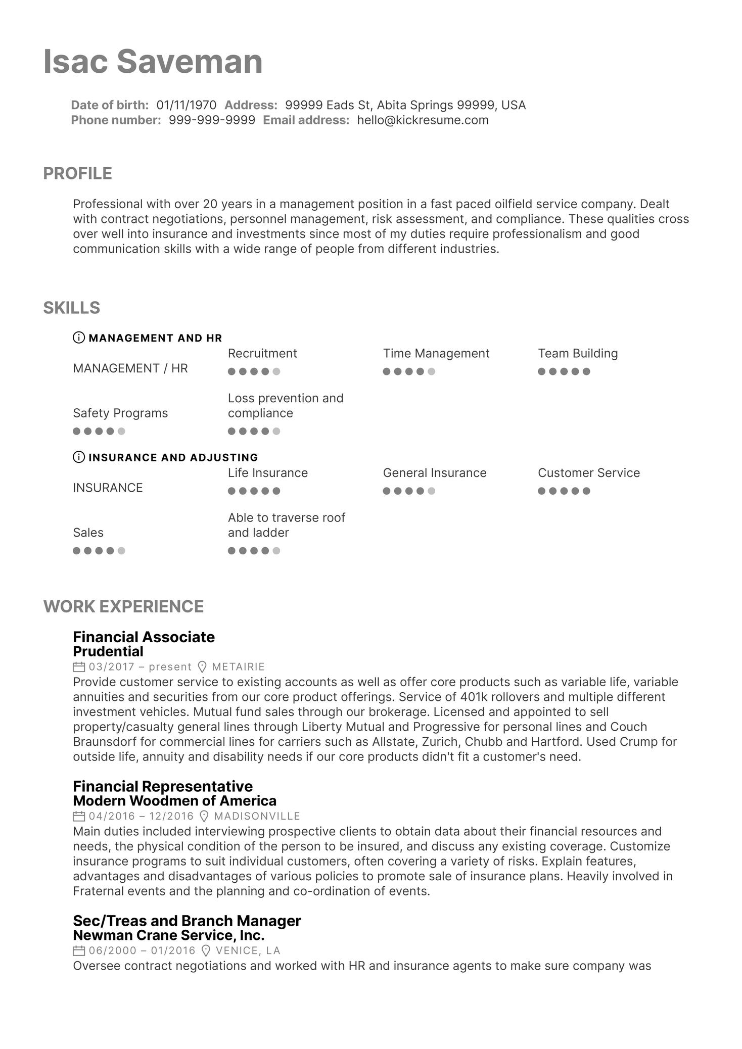 Financial Services Associate at Prudential Resume Sample