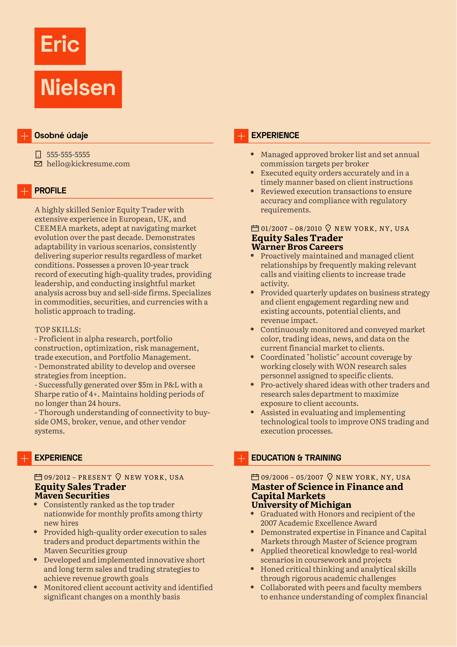 Equity Sales Trader Resume Example