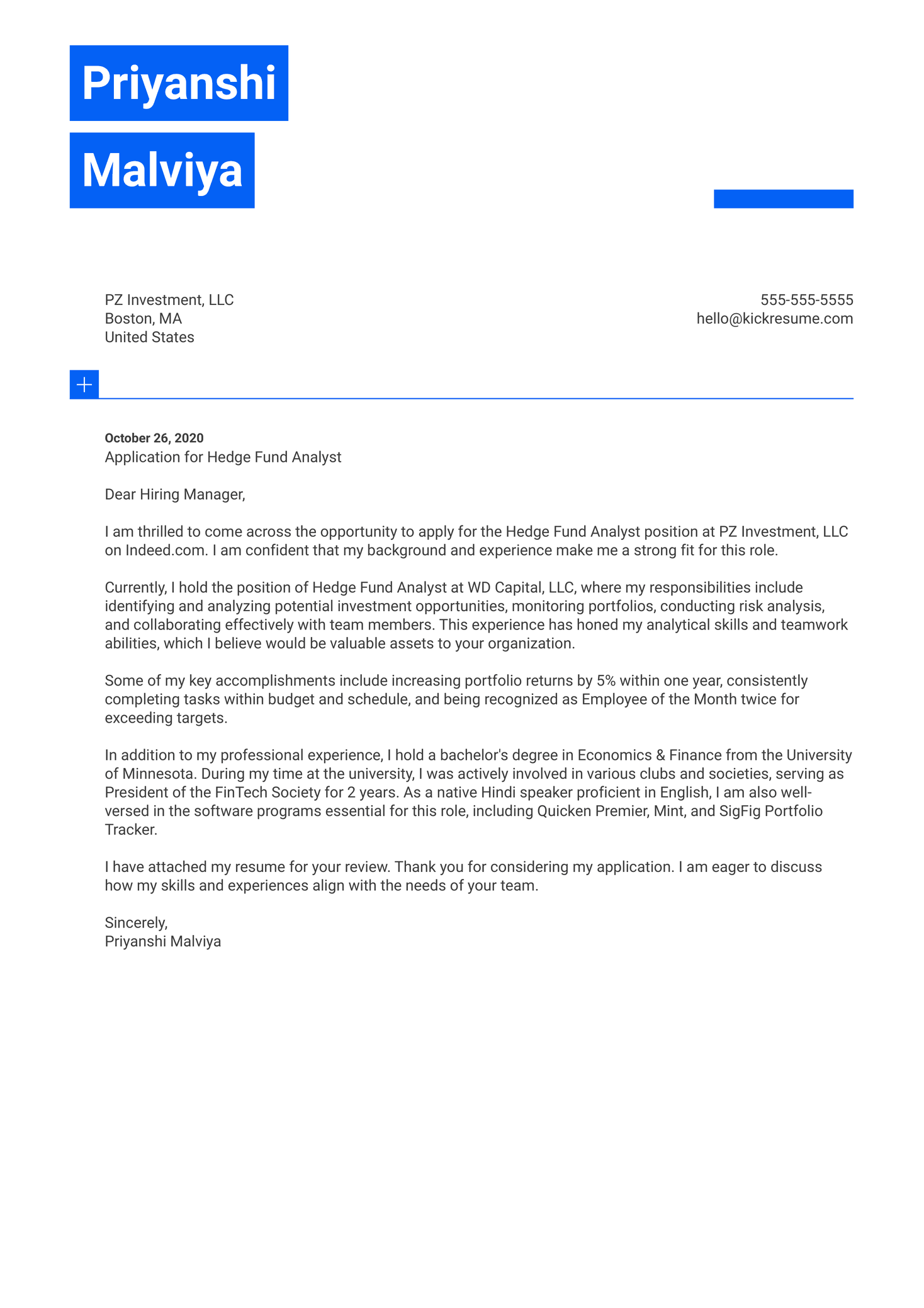 Hedge Fund Analyst Cover Letter Sample