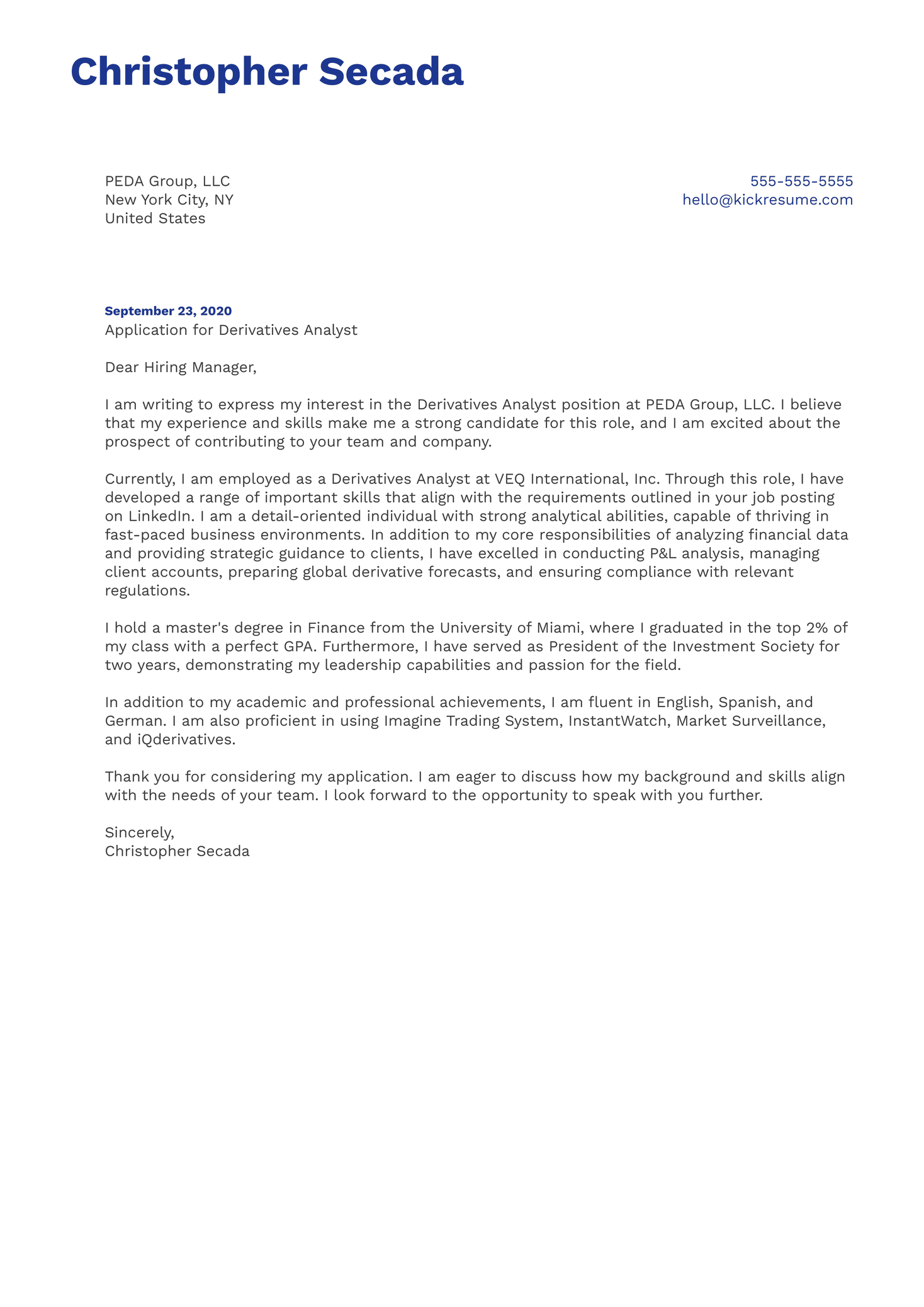 Derivatives Analyst Cover Letter Example