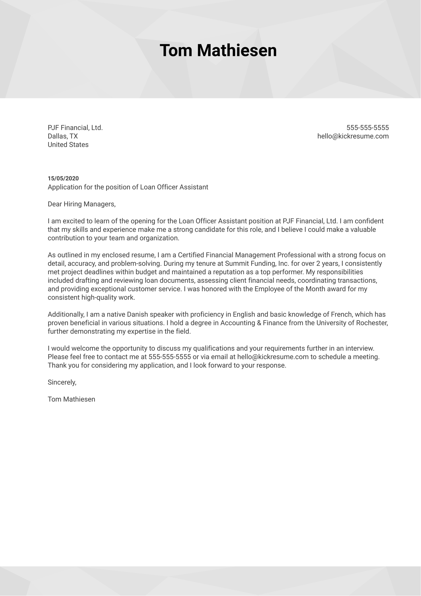 Loan Officer Assistant Cover Letter Sample