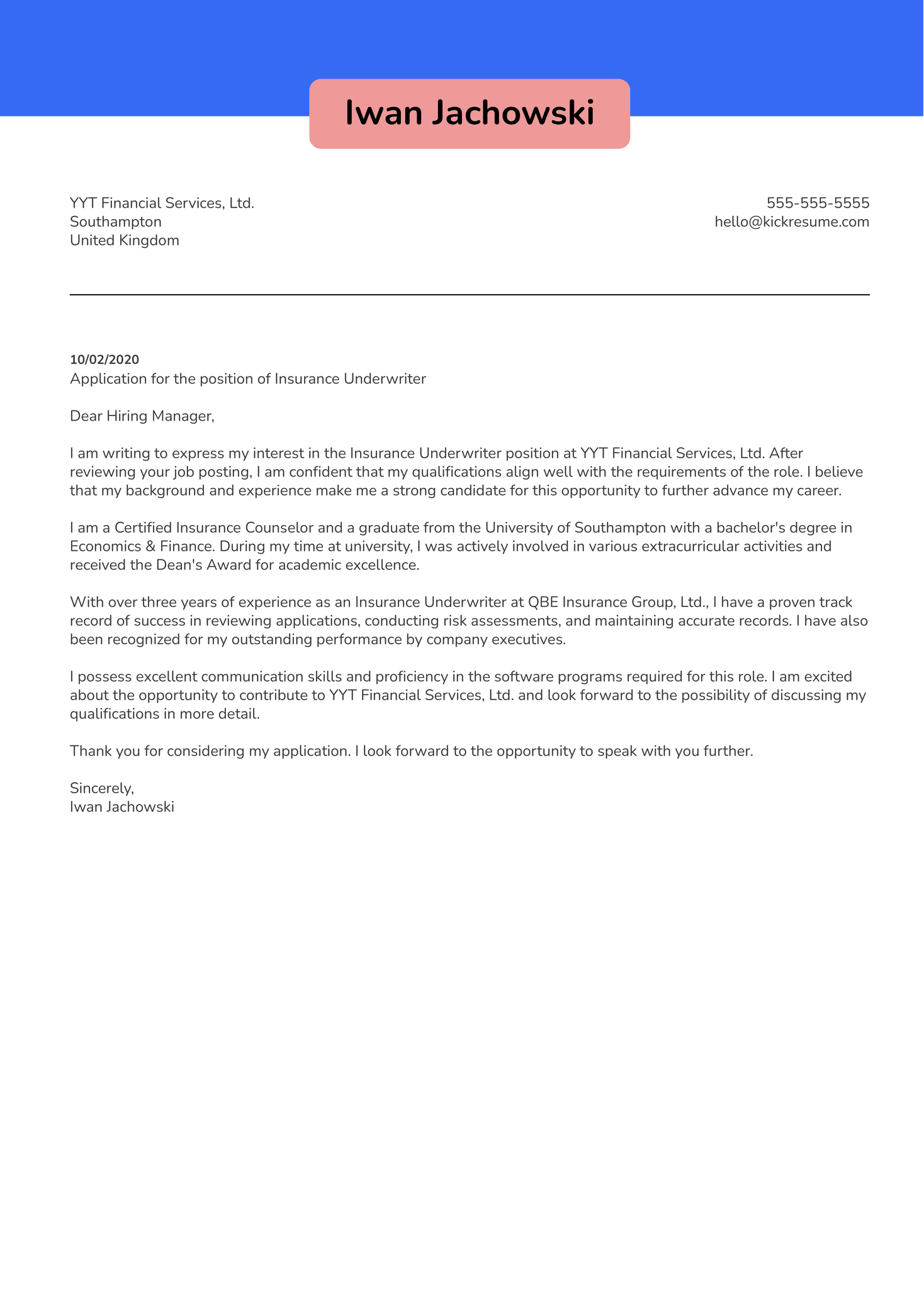 Insurance Underwriter Cover Letter Example