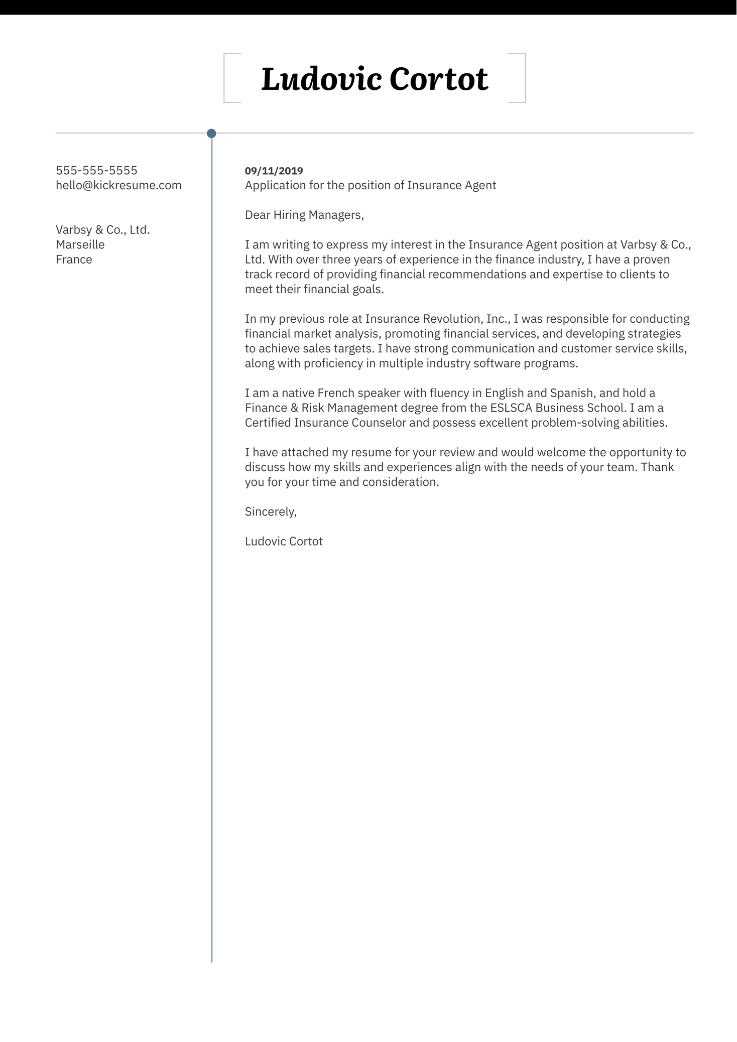 Insurance Agent Cover Letter Sample