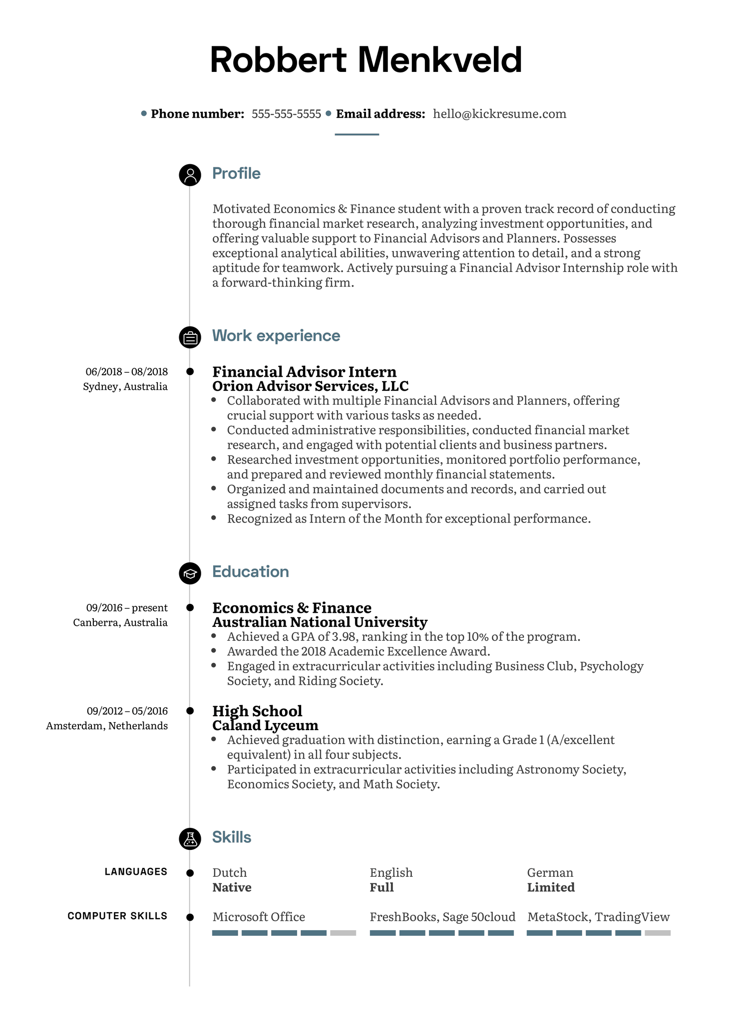 Financial Advisor Intern Resume Example