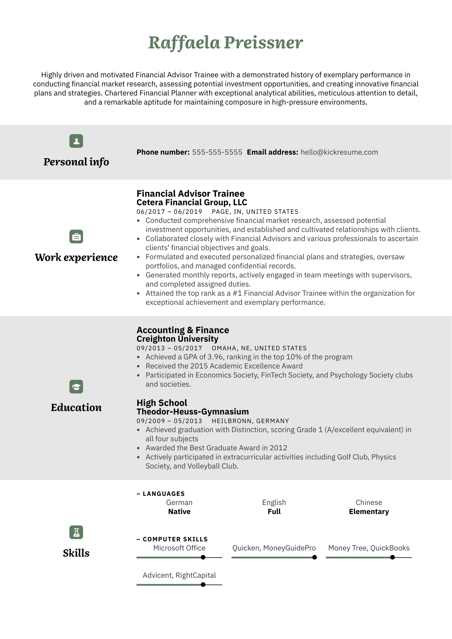 Financial Advisor Trainee Resume Example