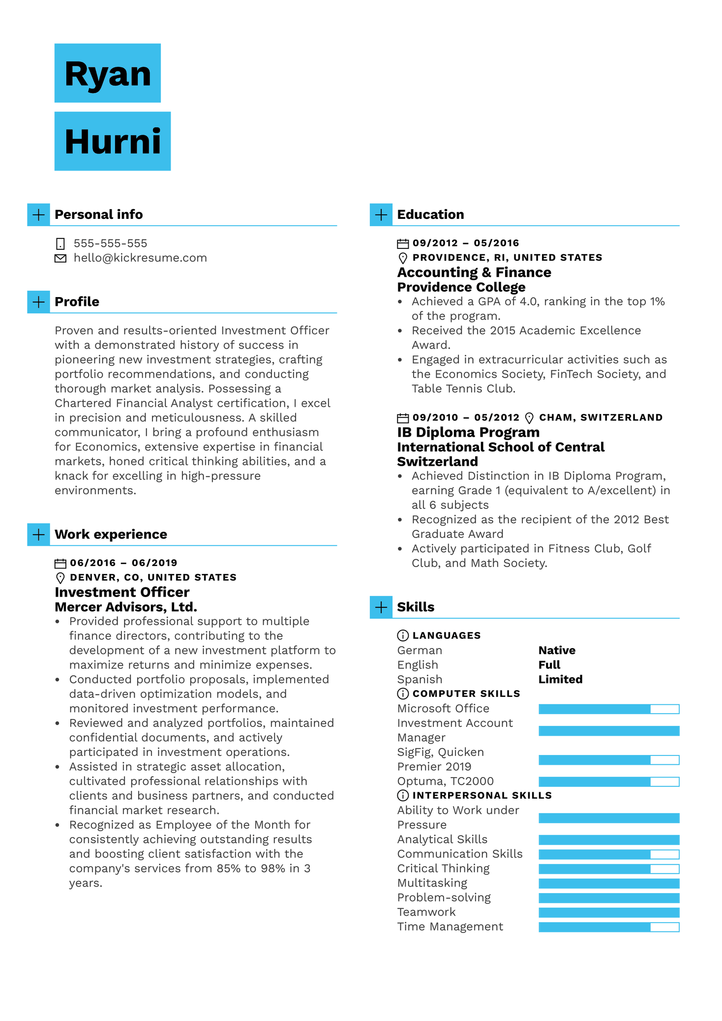 Investment Officer Resume Example