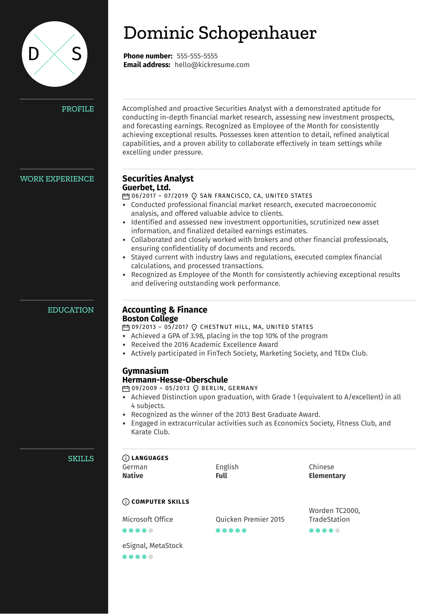 Securities Analyst Resume Sample