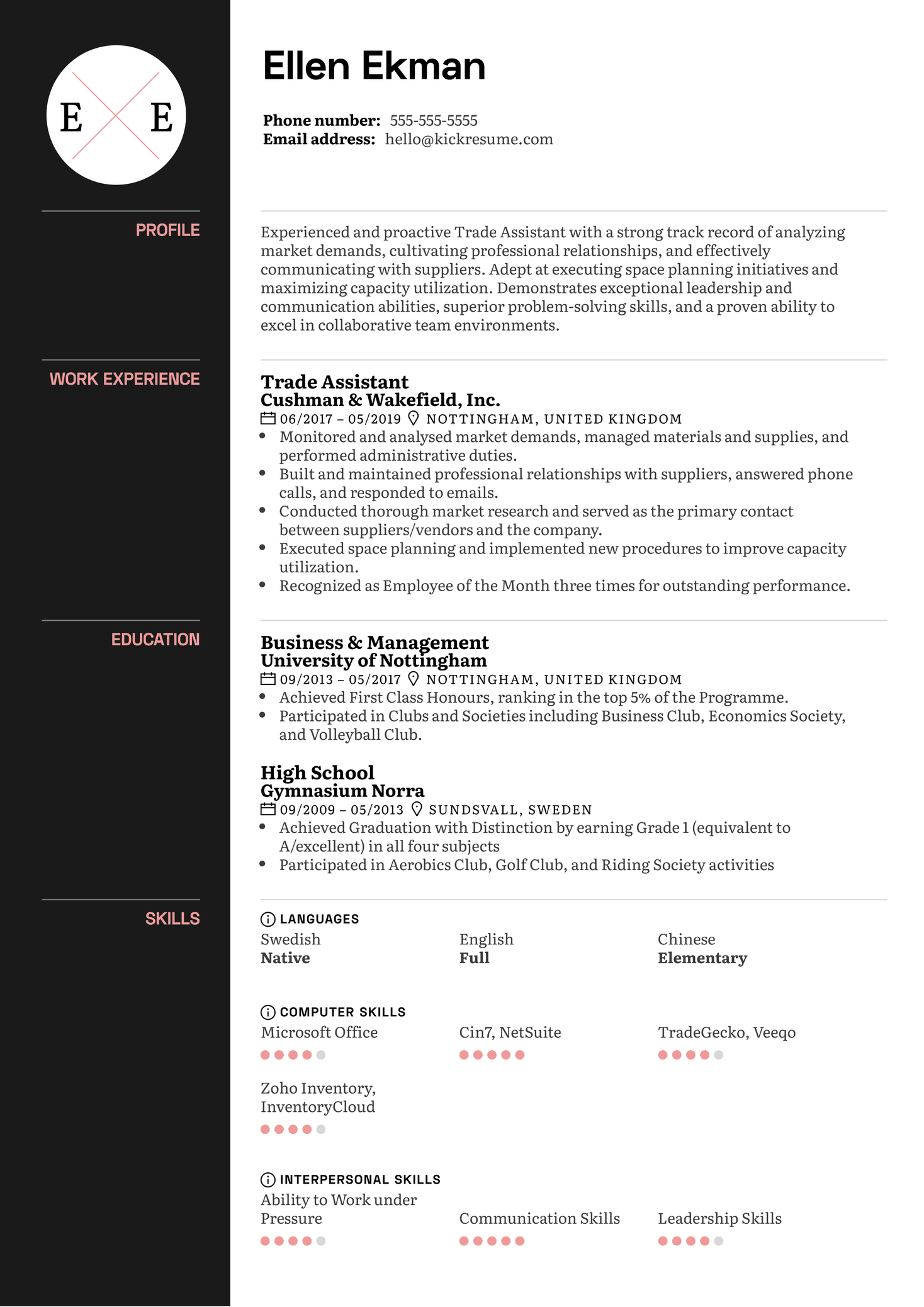 Trade Assistant Resume Example