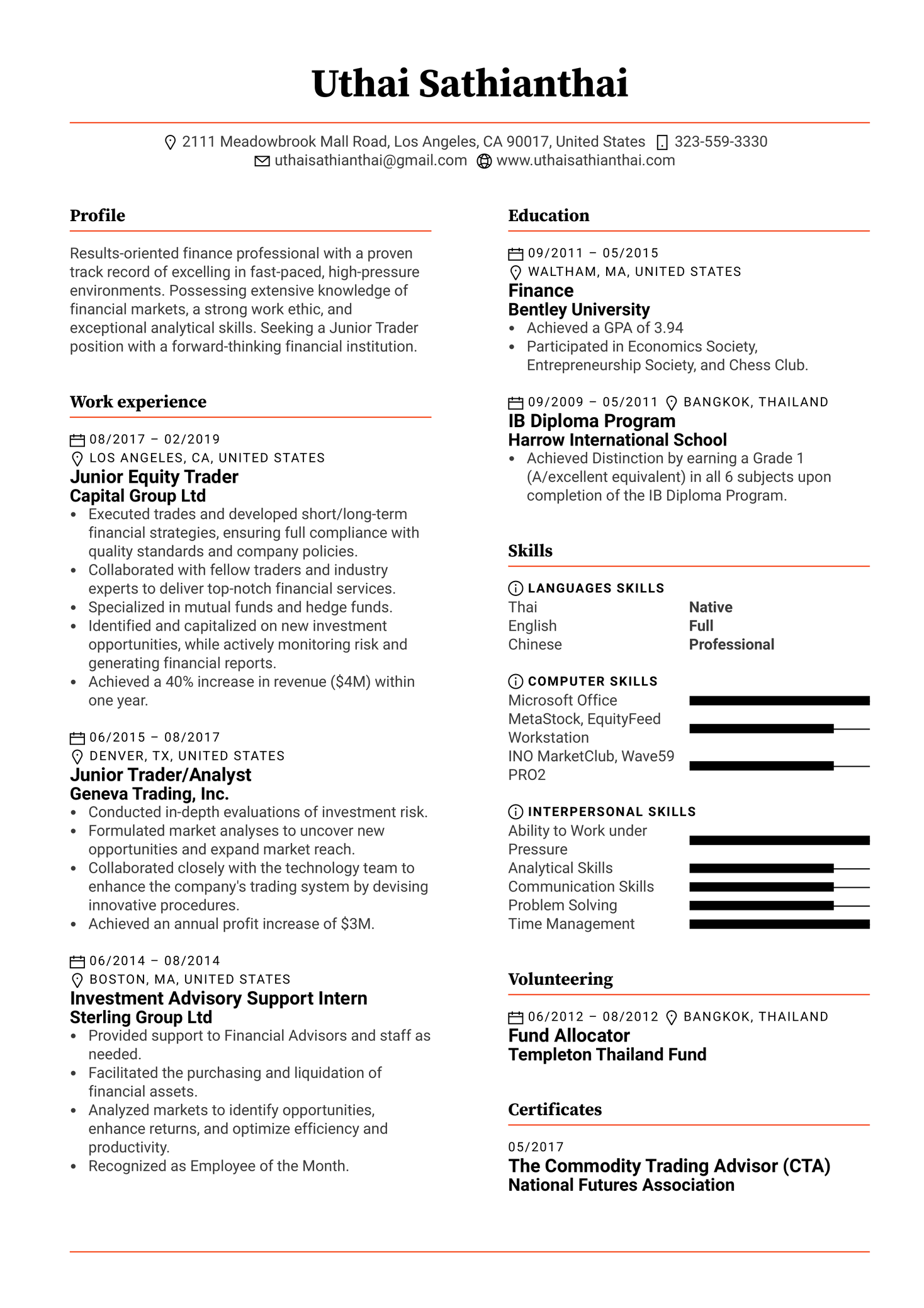 Junior Trader Resume Template