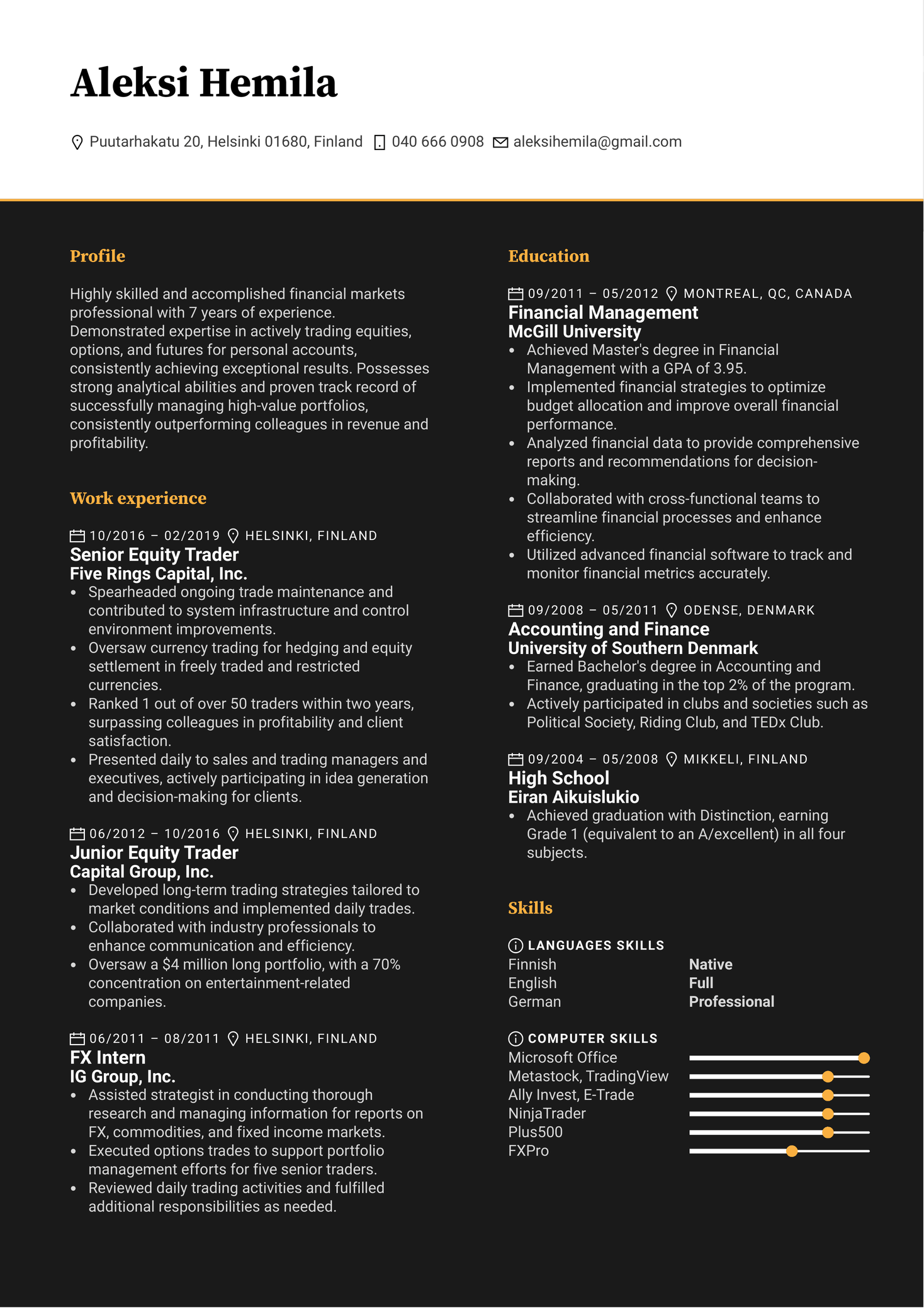 Senior Trader Resume Example