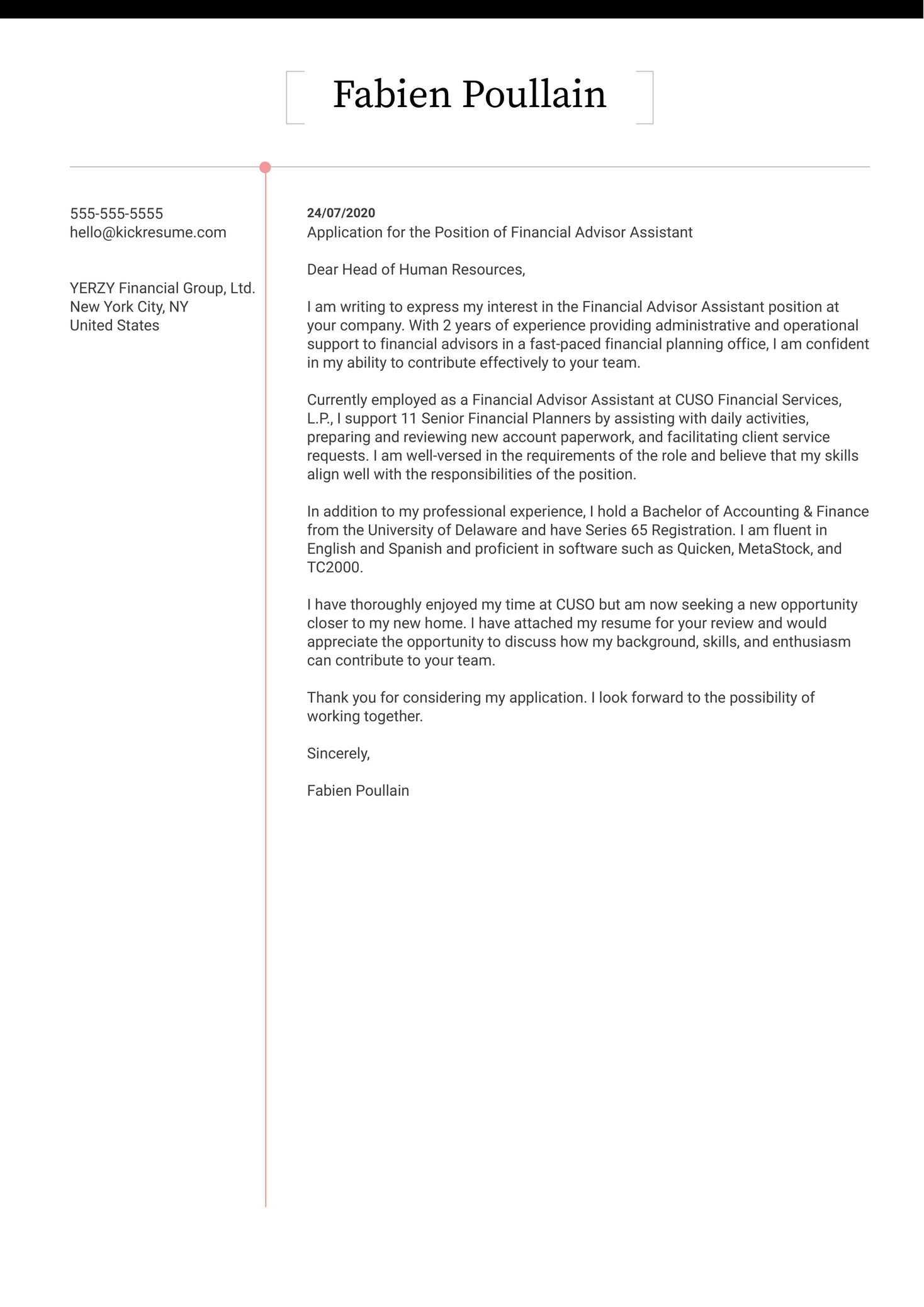 Financial Advisor Assistant Cover Letter Sample