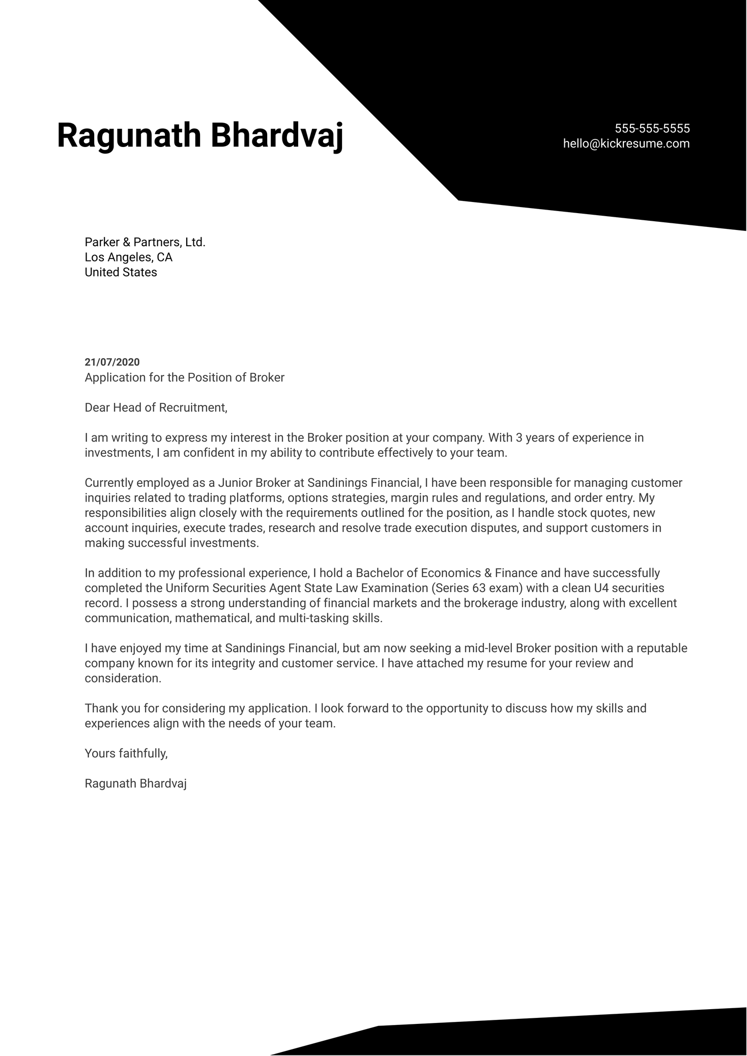 Broker Cover Letter Example