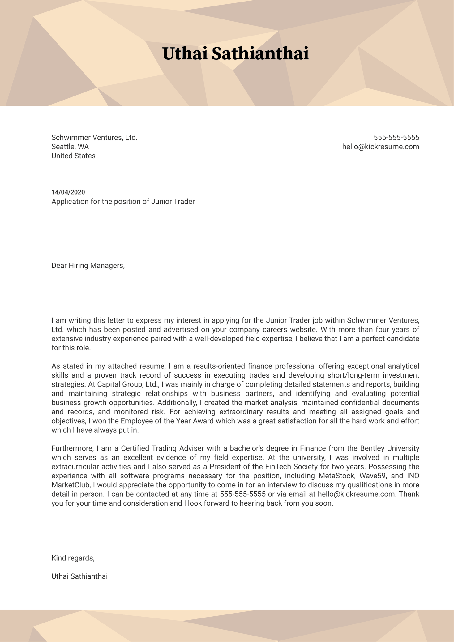 Junior Trader Cover Letter Sample