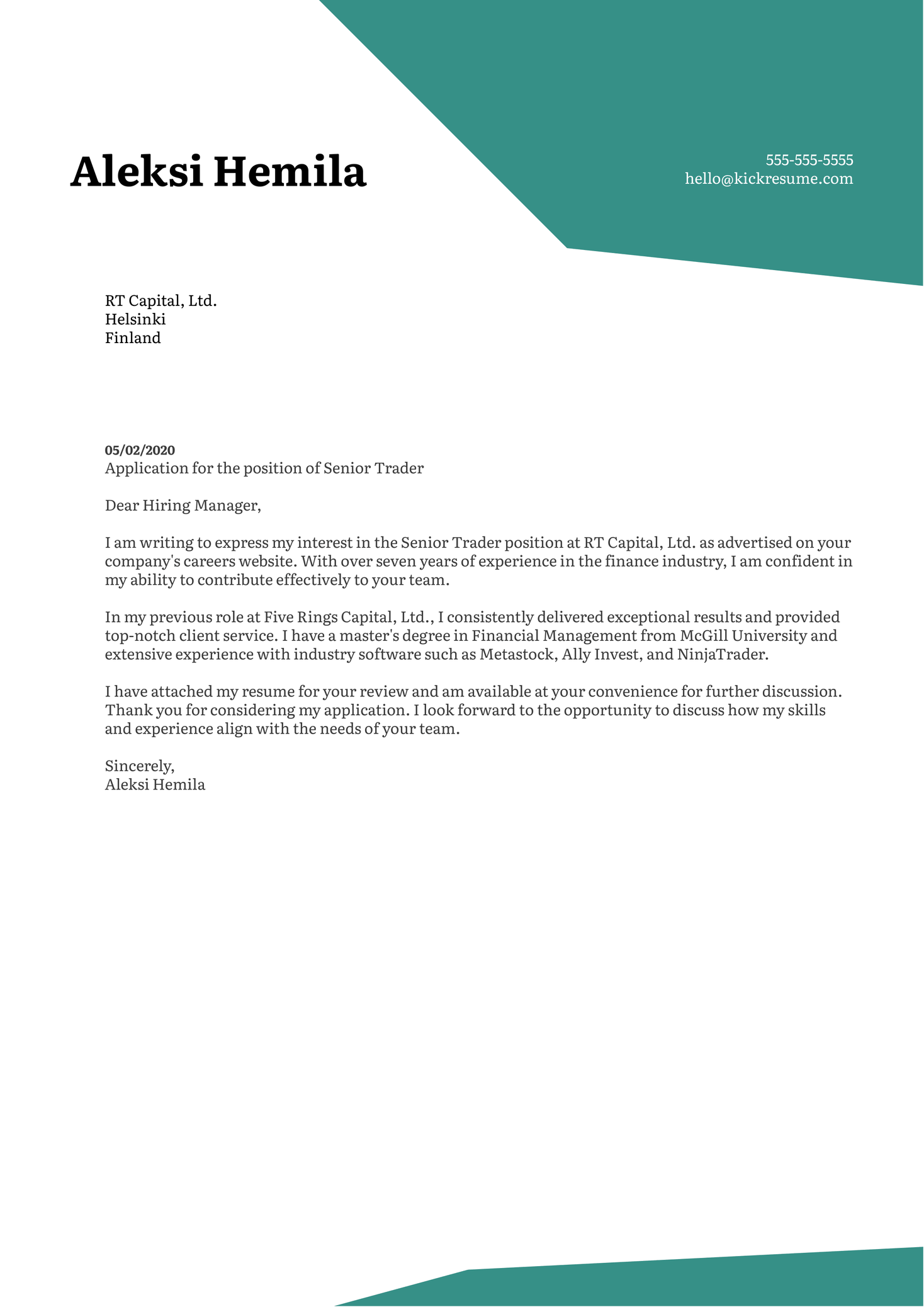 Senior Trader Cover Letter Example