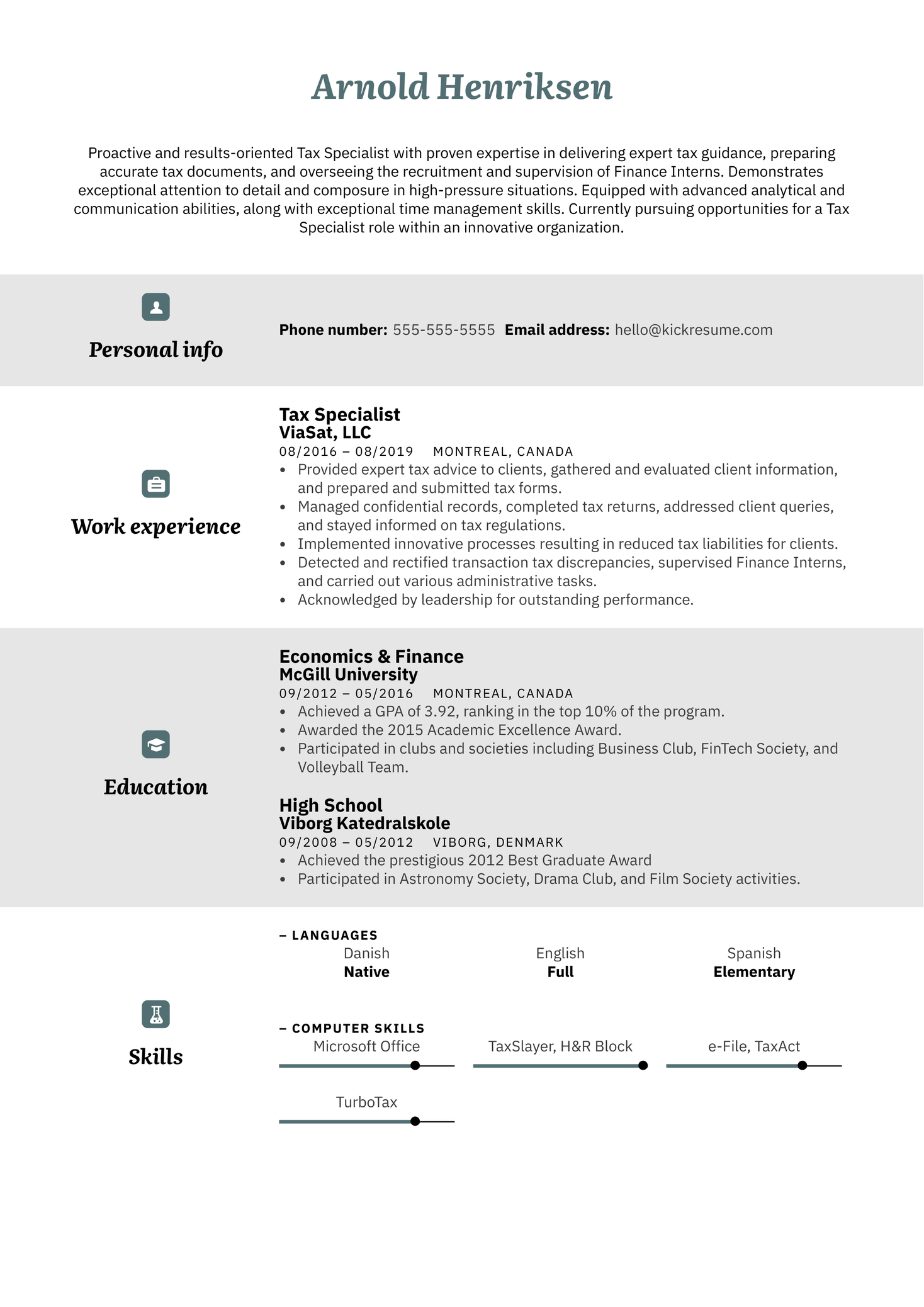 Tax Specialist Resume Sample