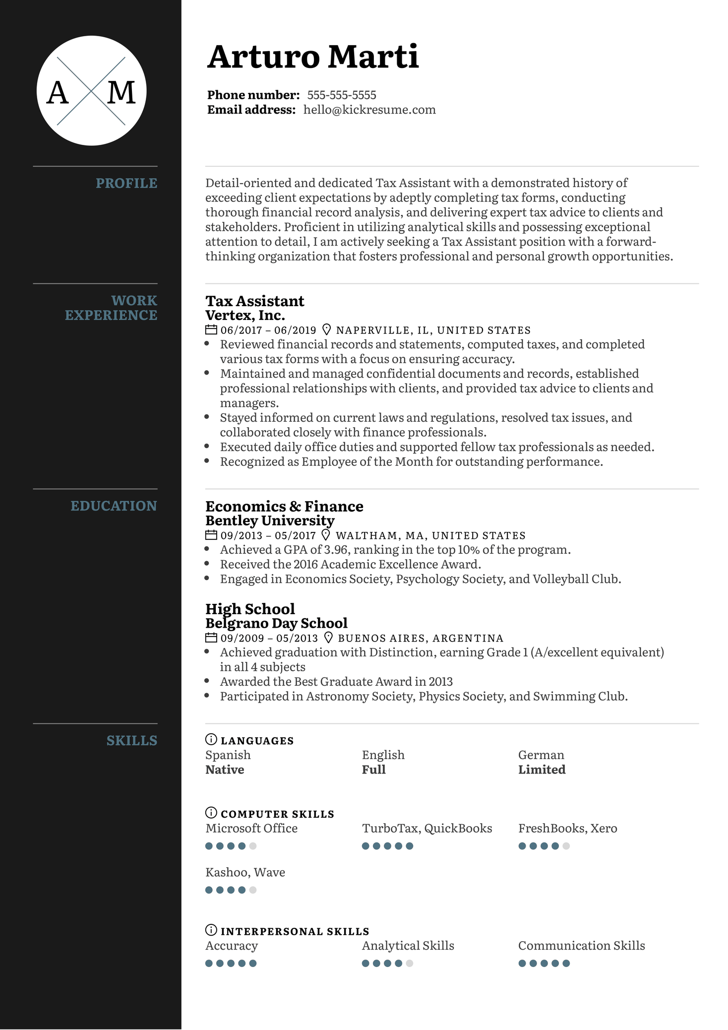 Tax Assistant Resume Sample