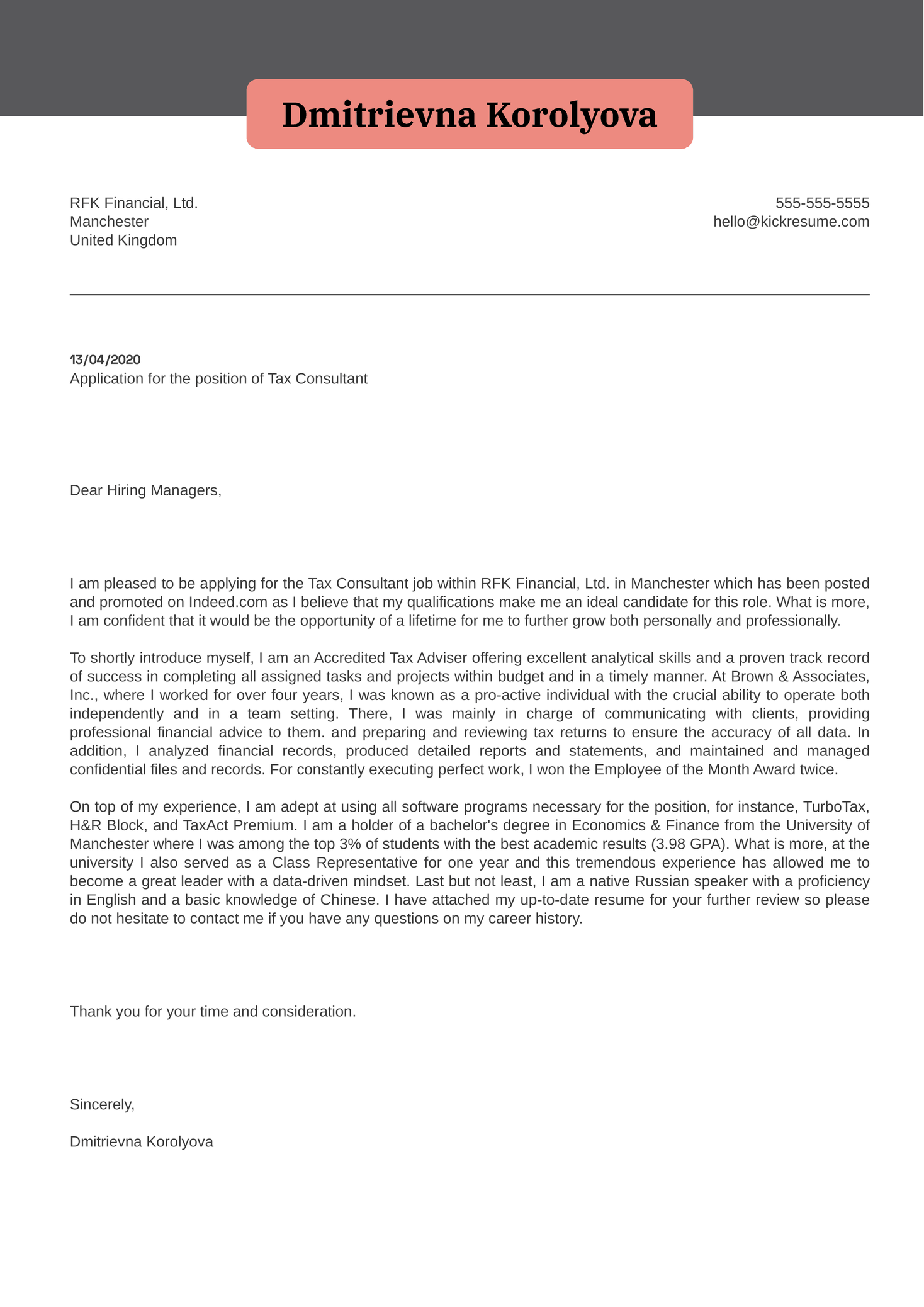 Tax Consultant Cover Letter Example