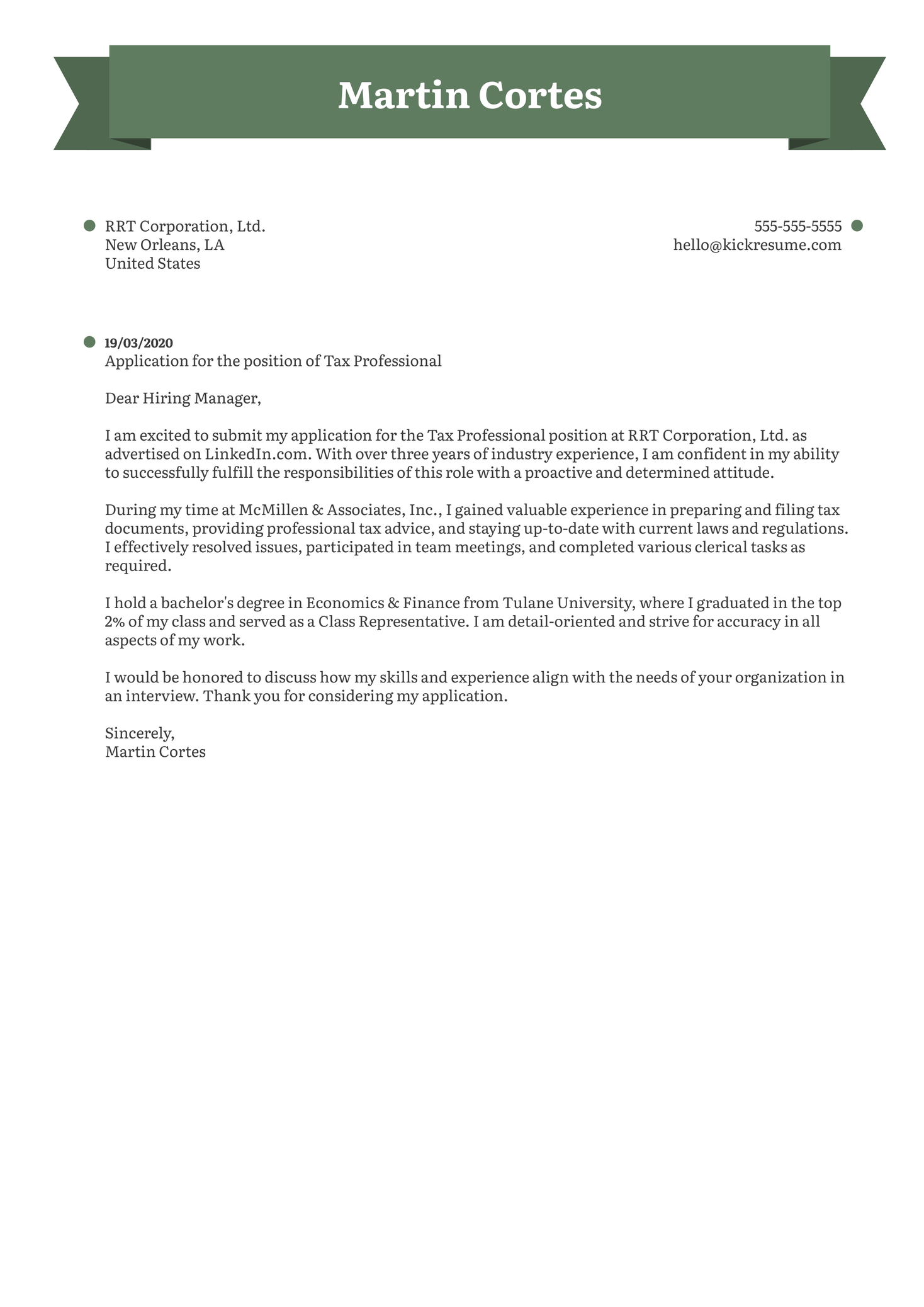 Tax Professional Cover Letter Example