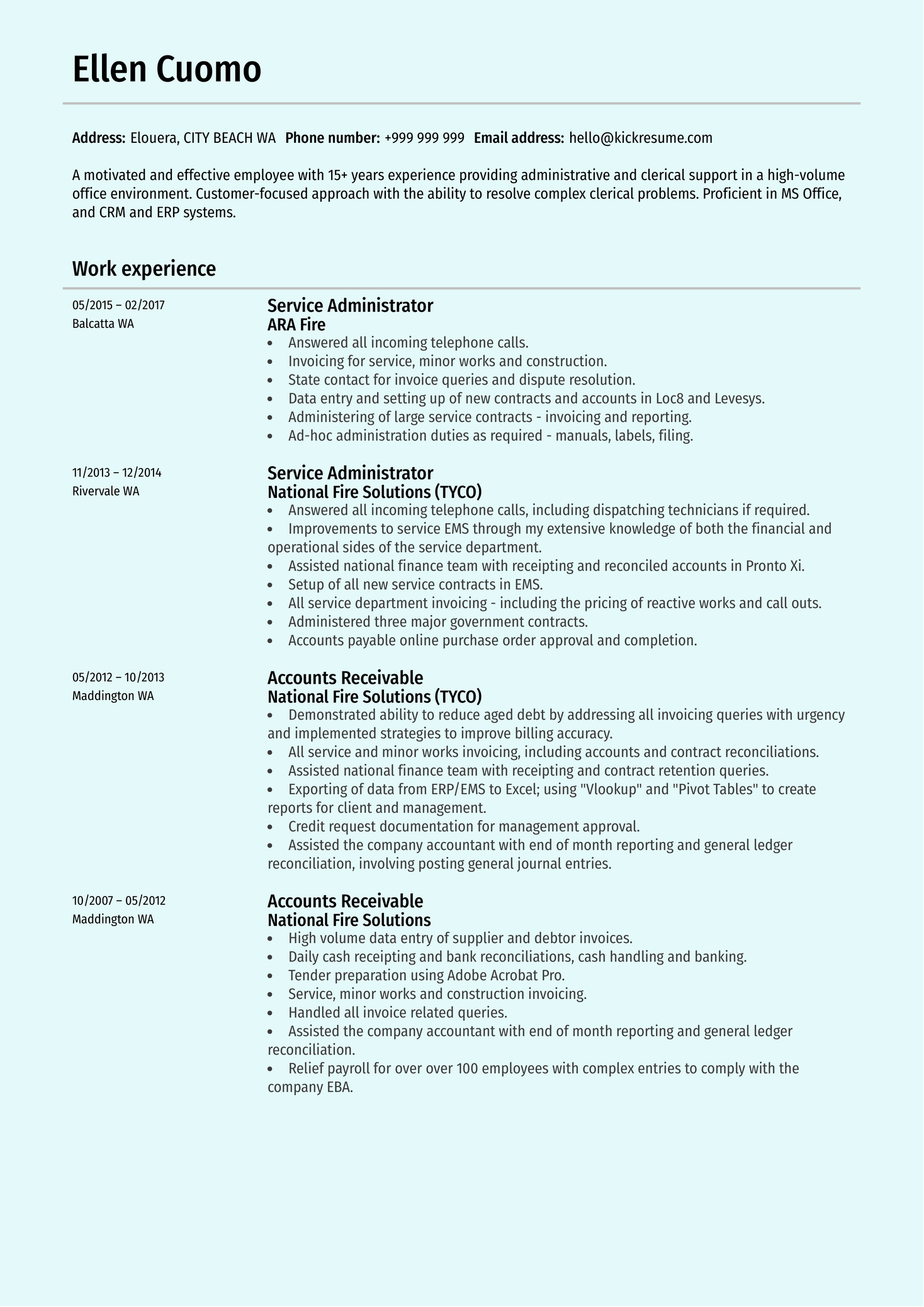 Service Administrator Resume Sample