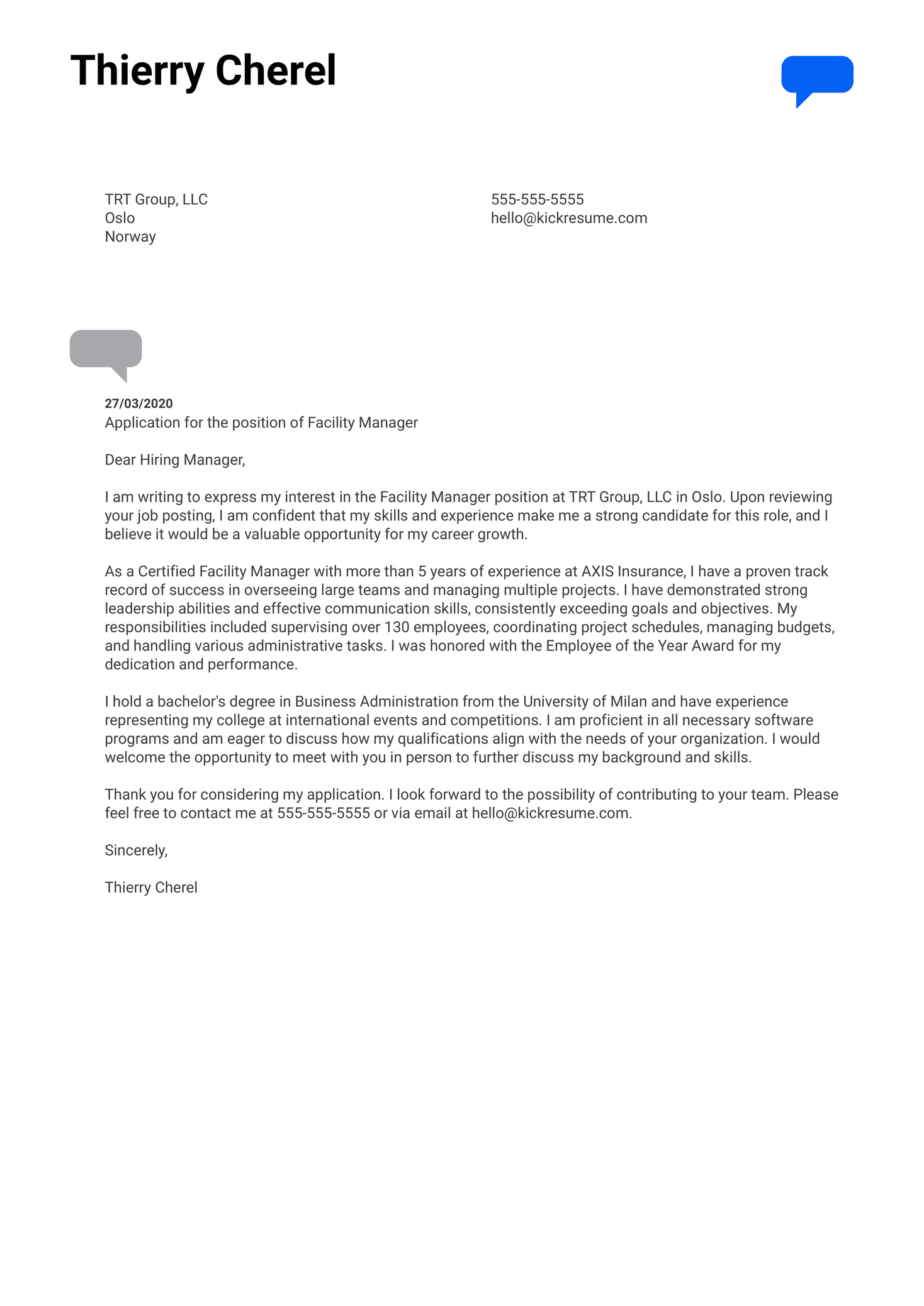 Facility Manager Cover Letter Example