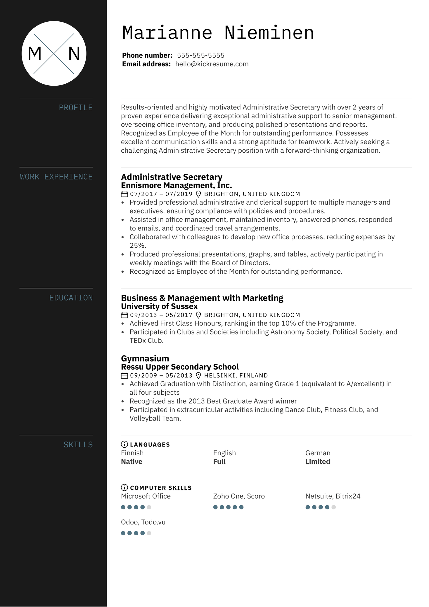 Administrative Secretary Resume Sample