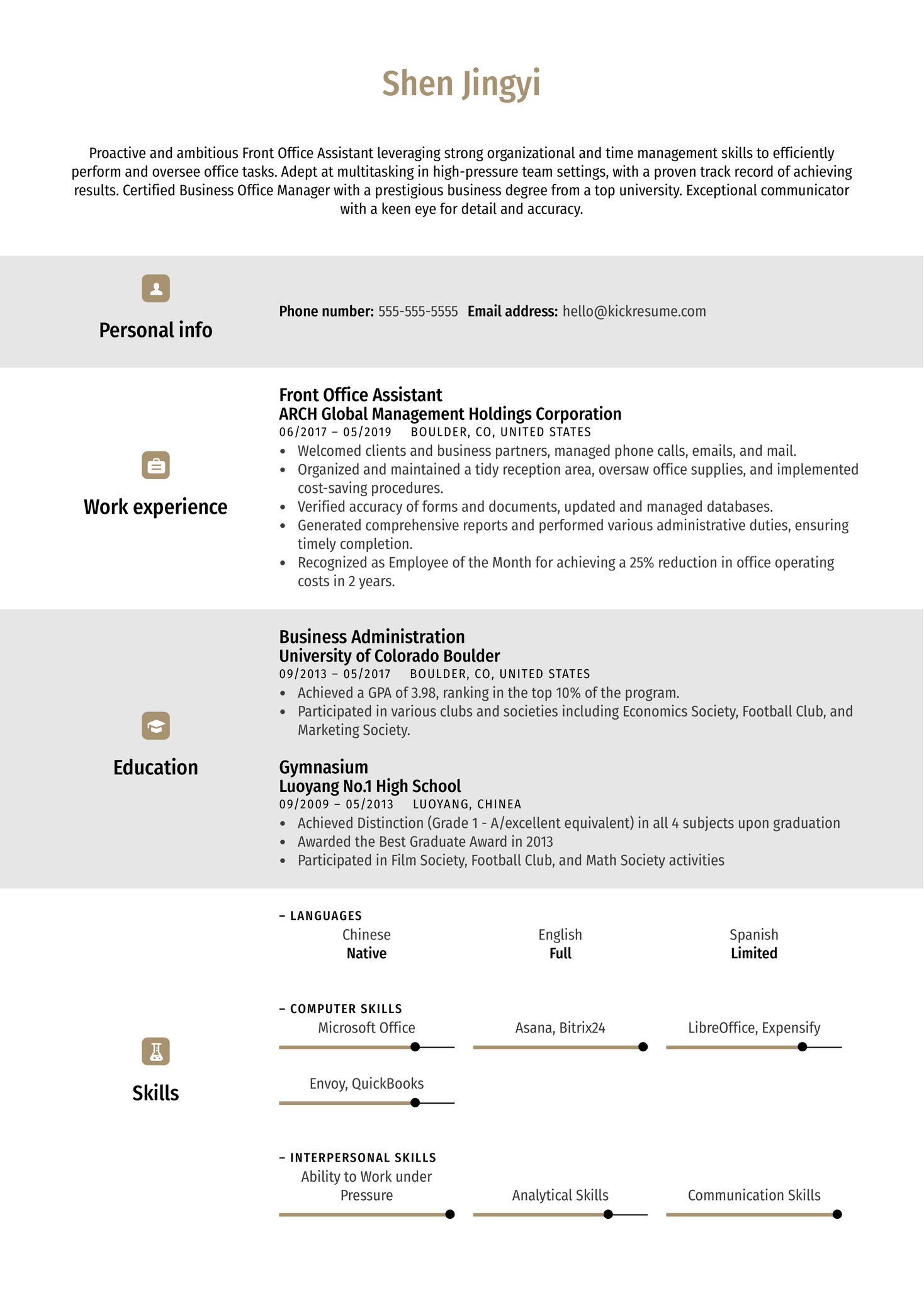 Front Office Assistant Resume Example