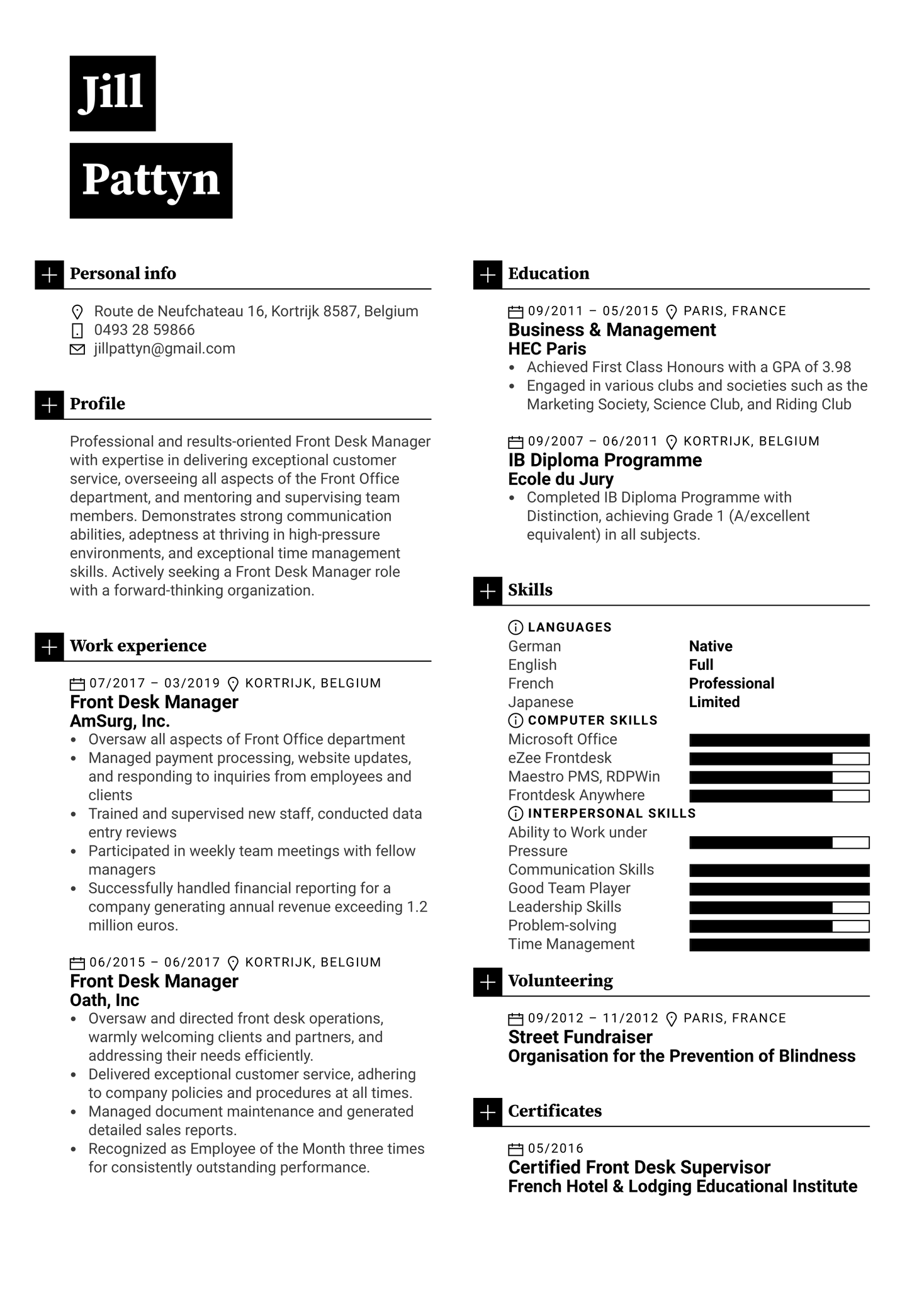 Front Desk Manager Resume Sample