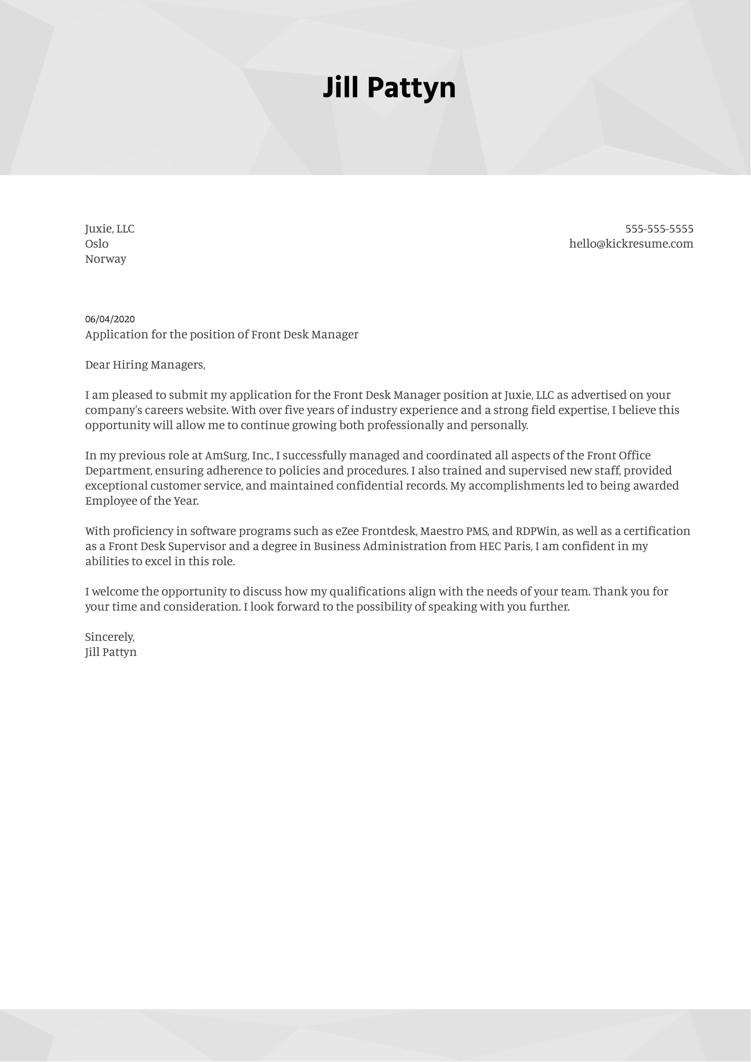 Front Desk Manager Cover Letter Example