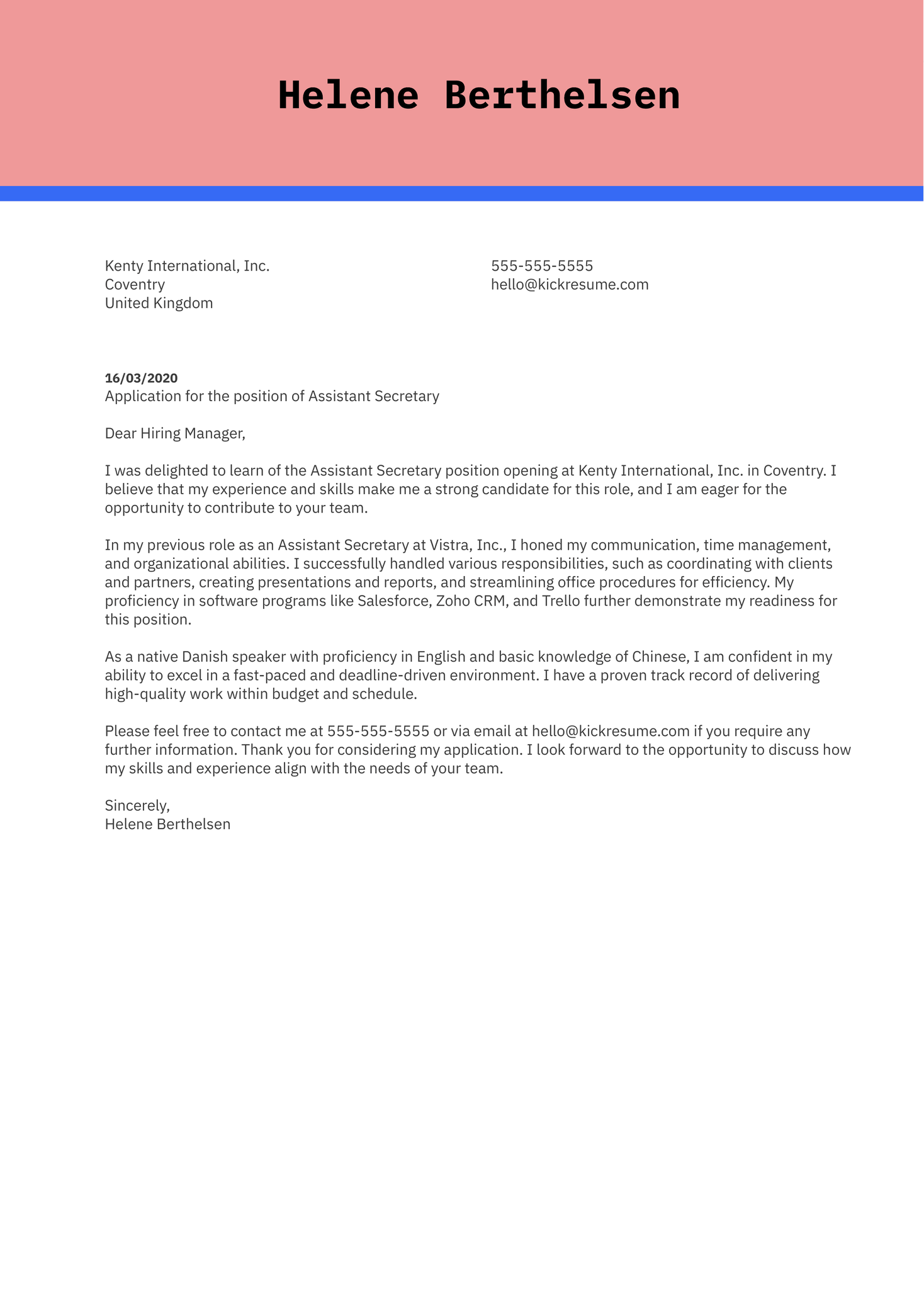 Assistant Secretary Cover Letter Sample