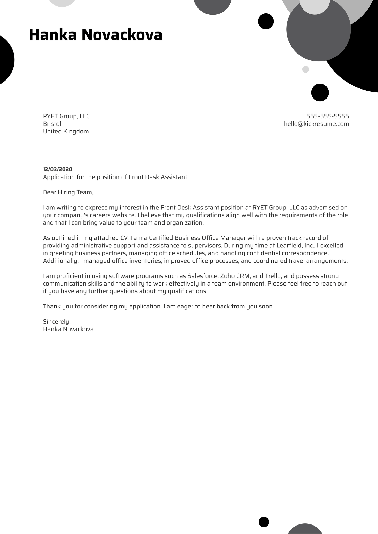 Front Desk Assistant Cover Letter Sample