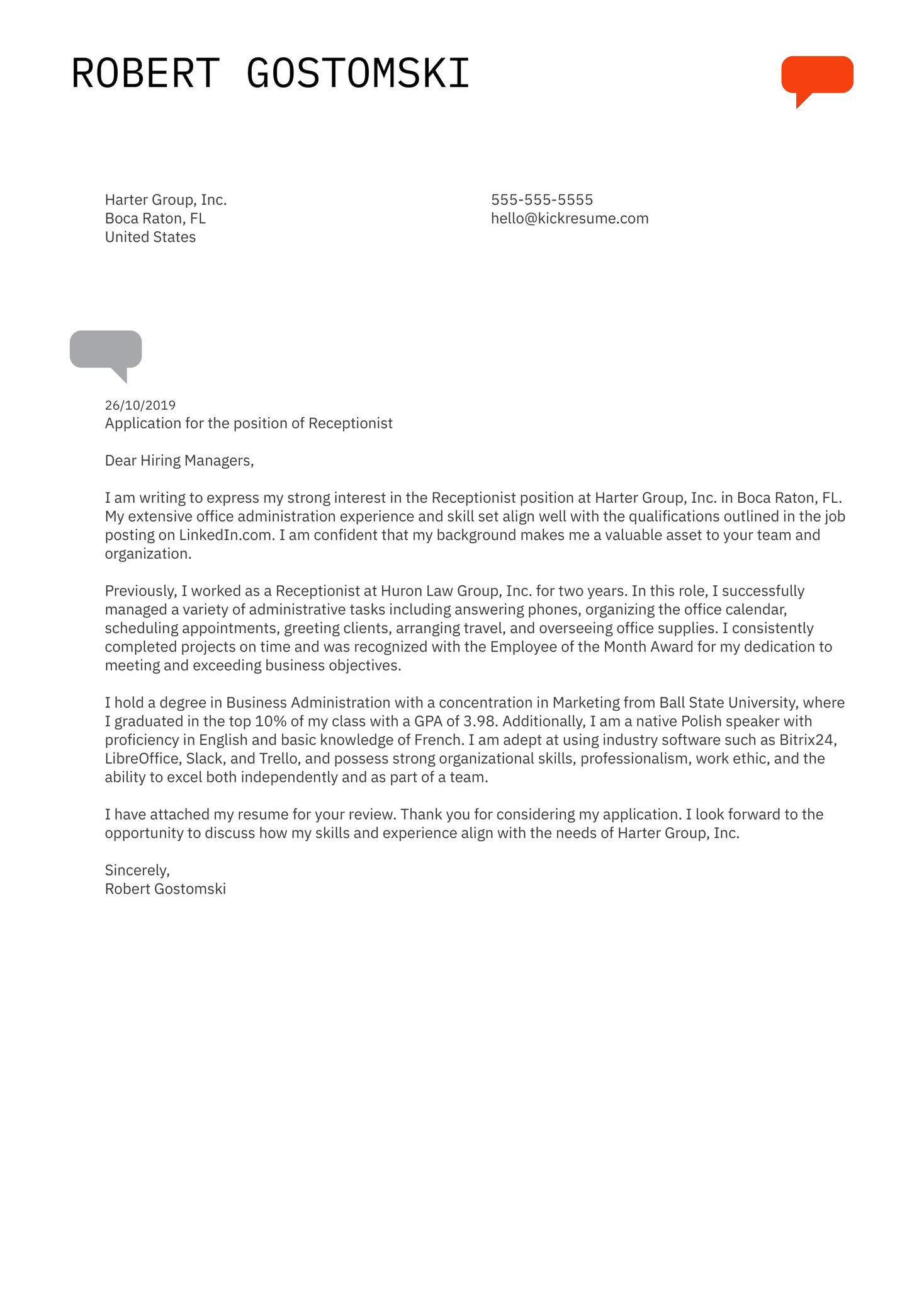 Receptionist Cover Letter Example