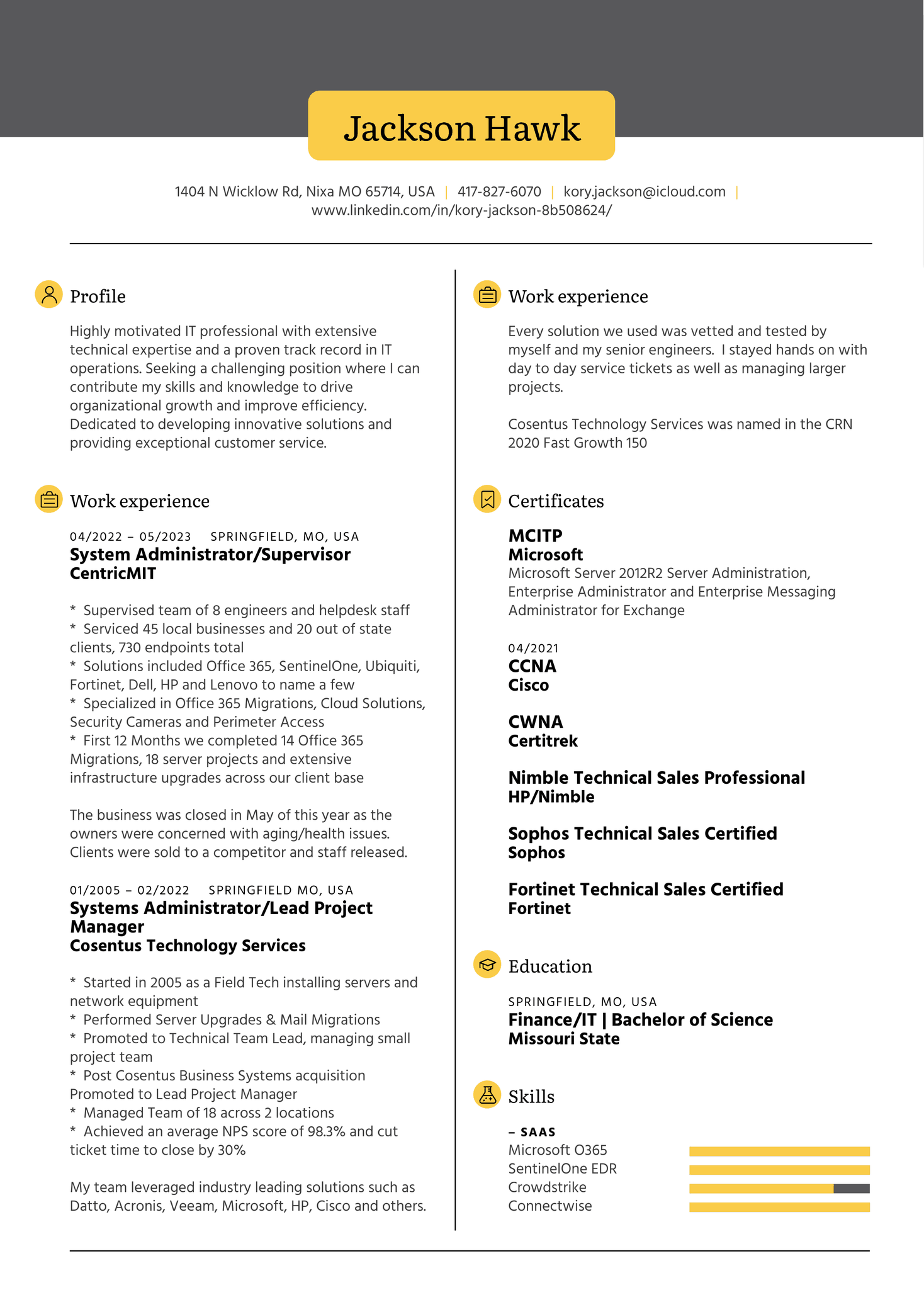 Systems Administrator at CentricMIT Resume Sample