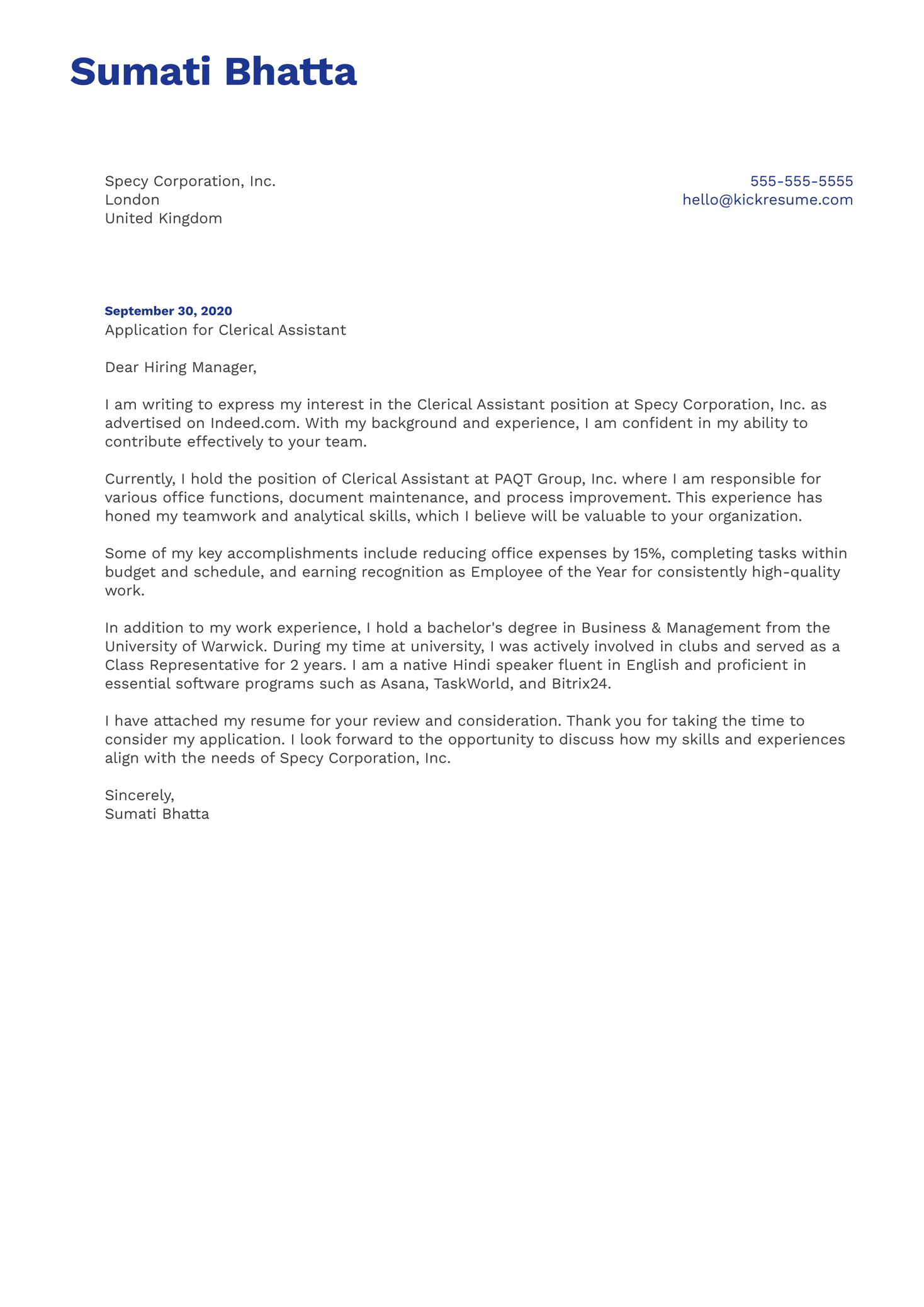 Clerical Assistant Cover Letter Example