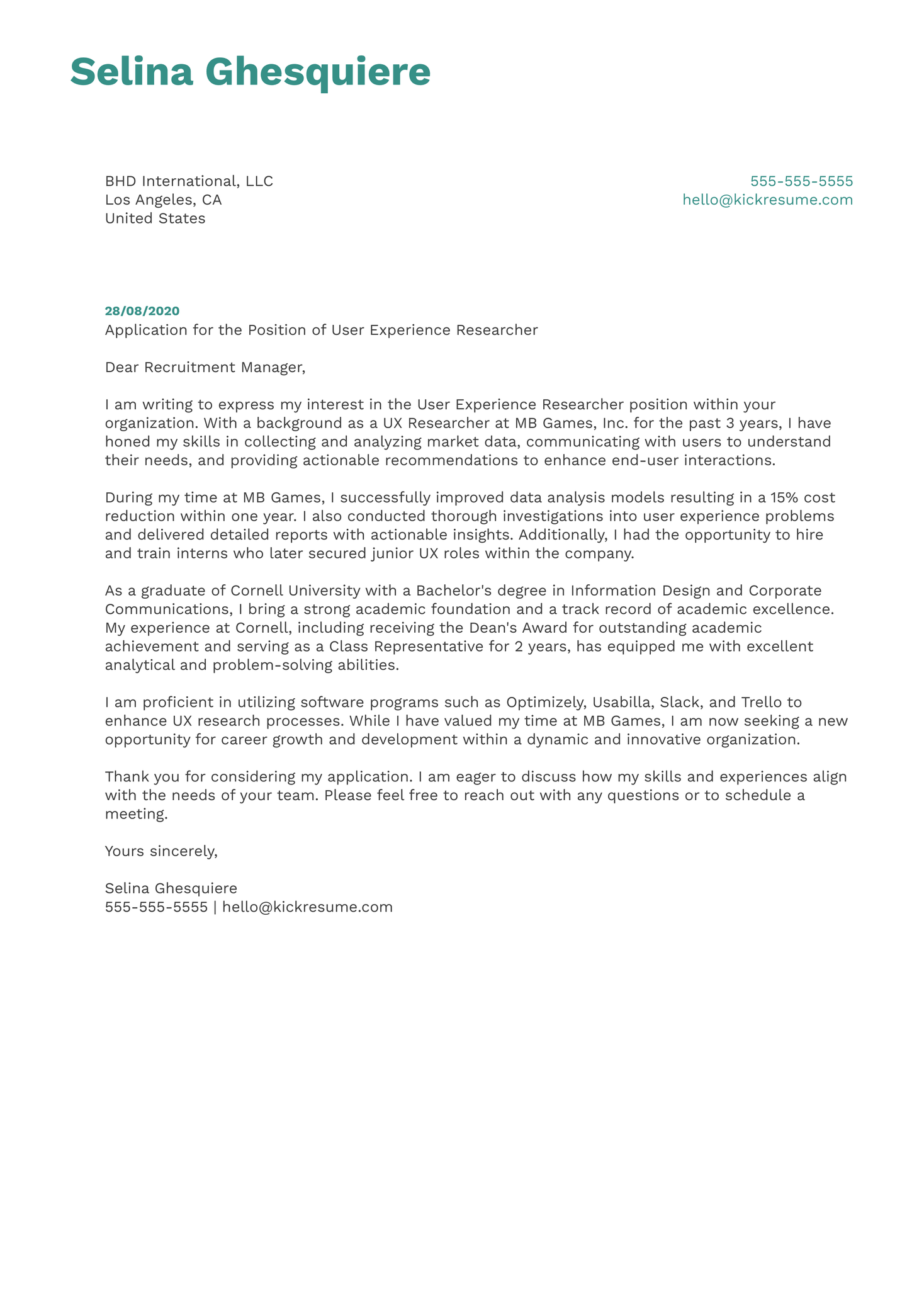 User Experience Researcher Cover Letter Example