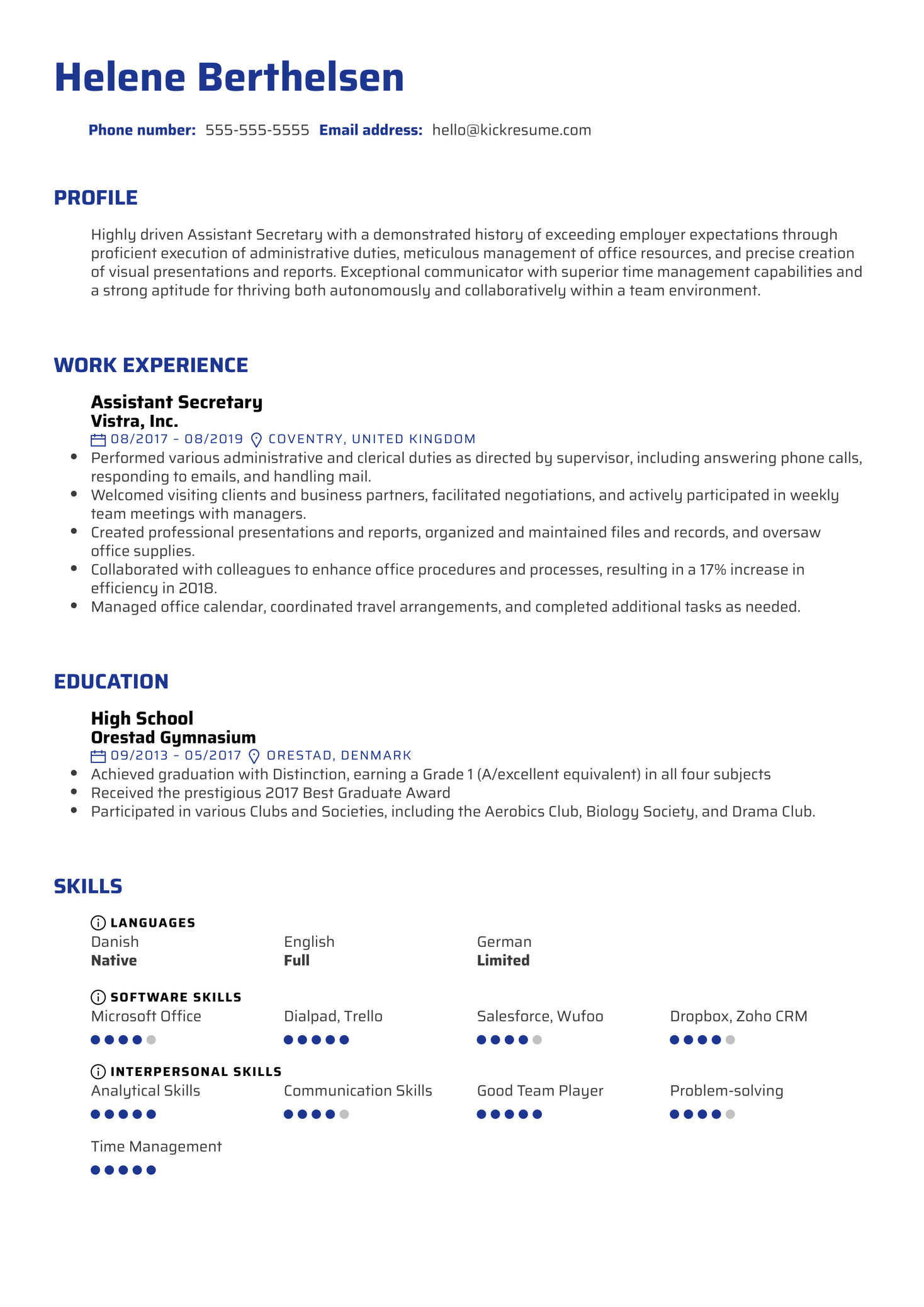 Assistant Secretary Resume Sample