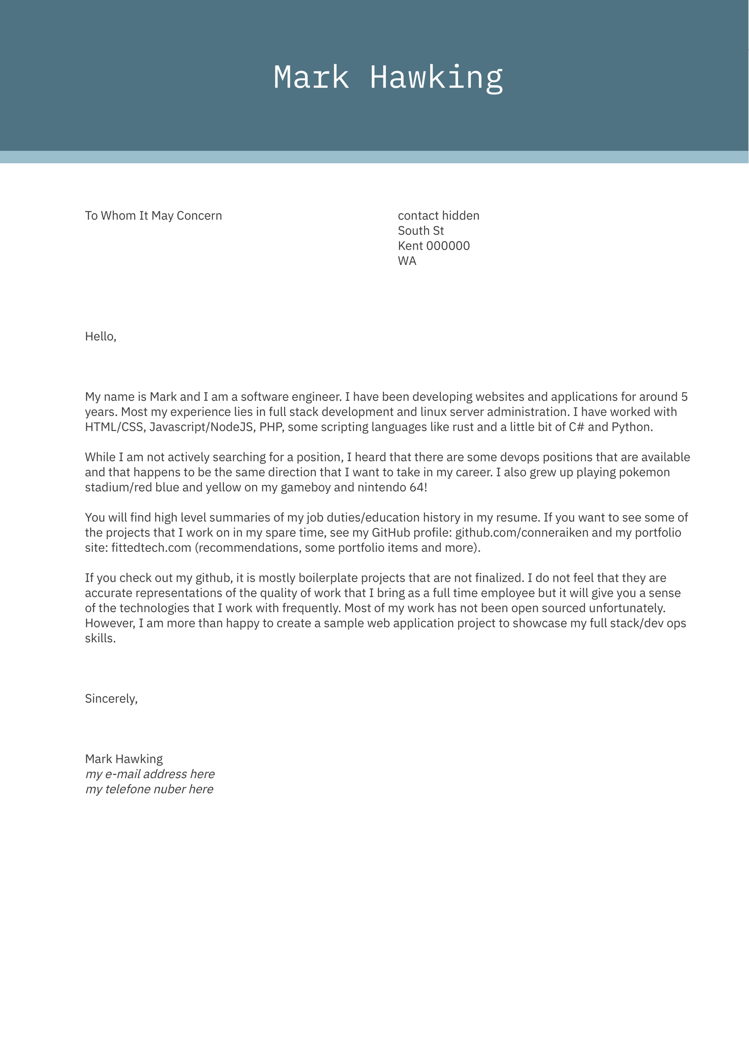 Software Engineer Cover Letter Sample