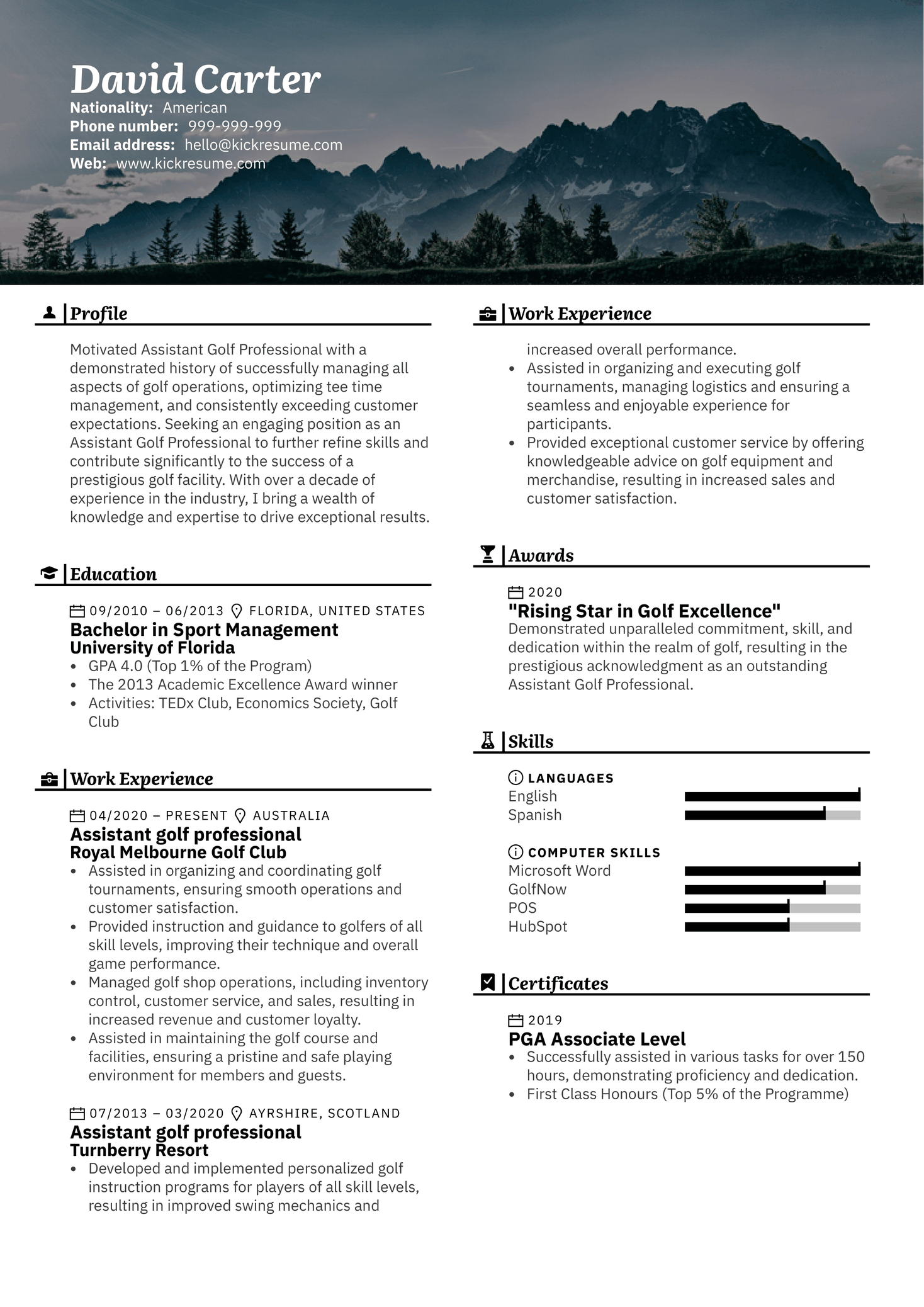 Assistant golf professional Resume Sample