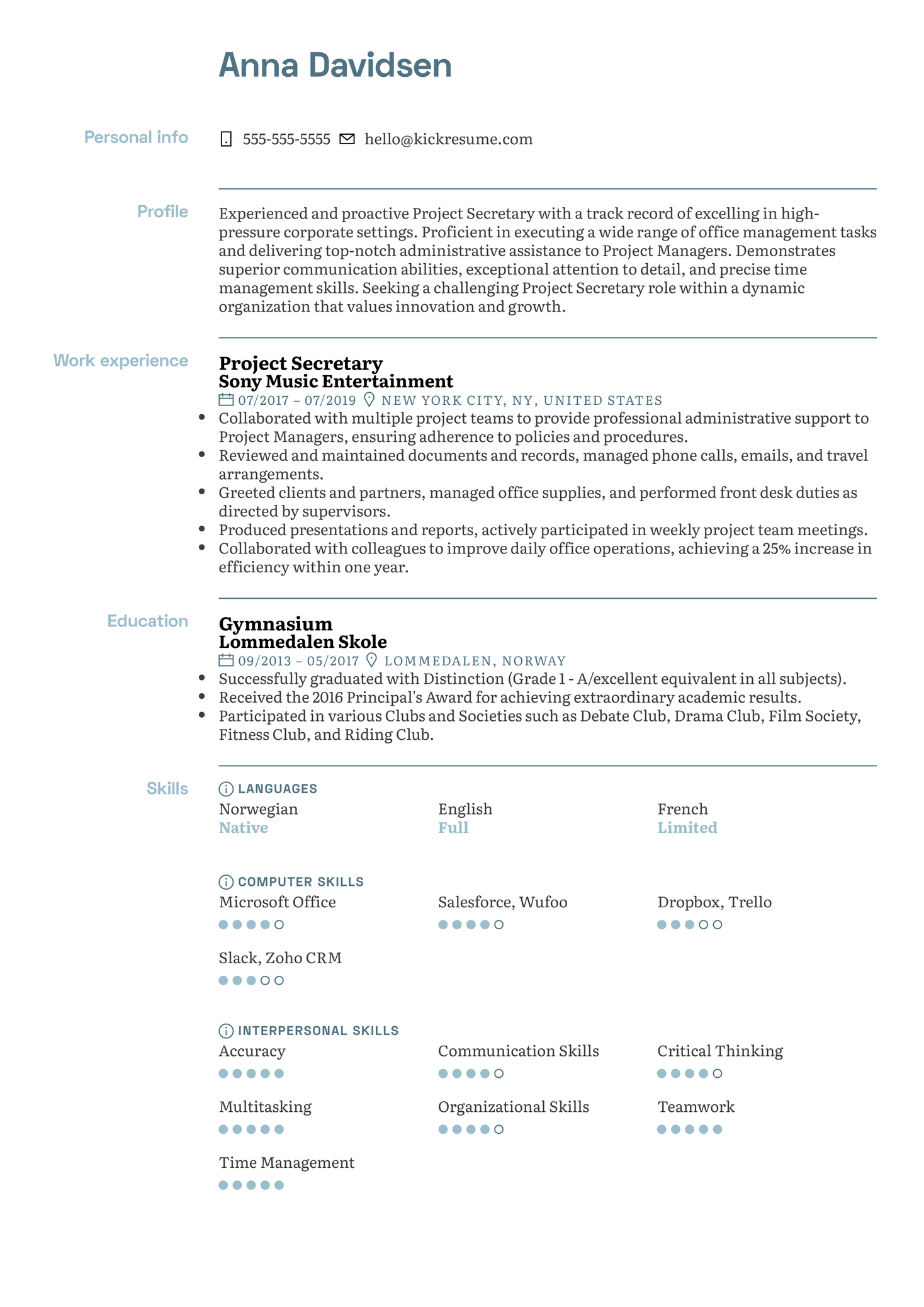 Project Secretary Resume Sample