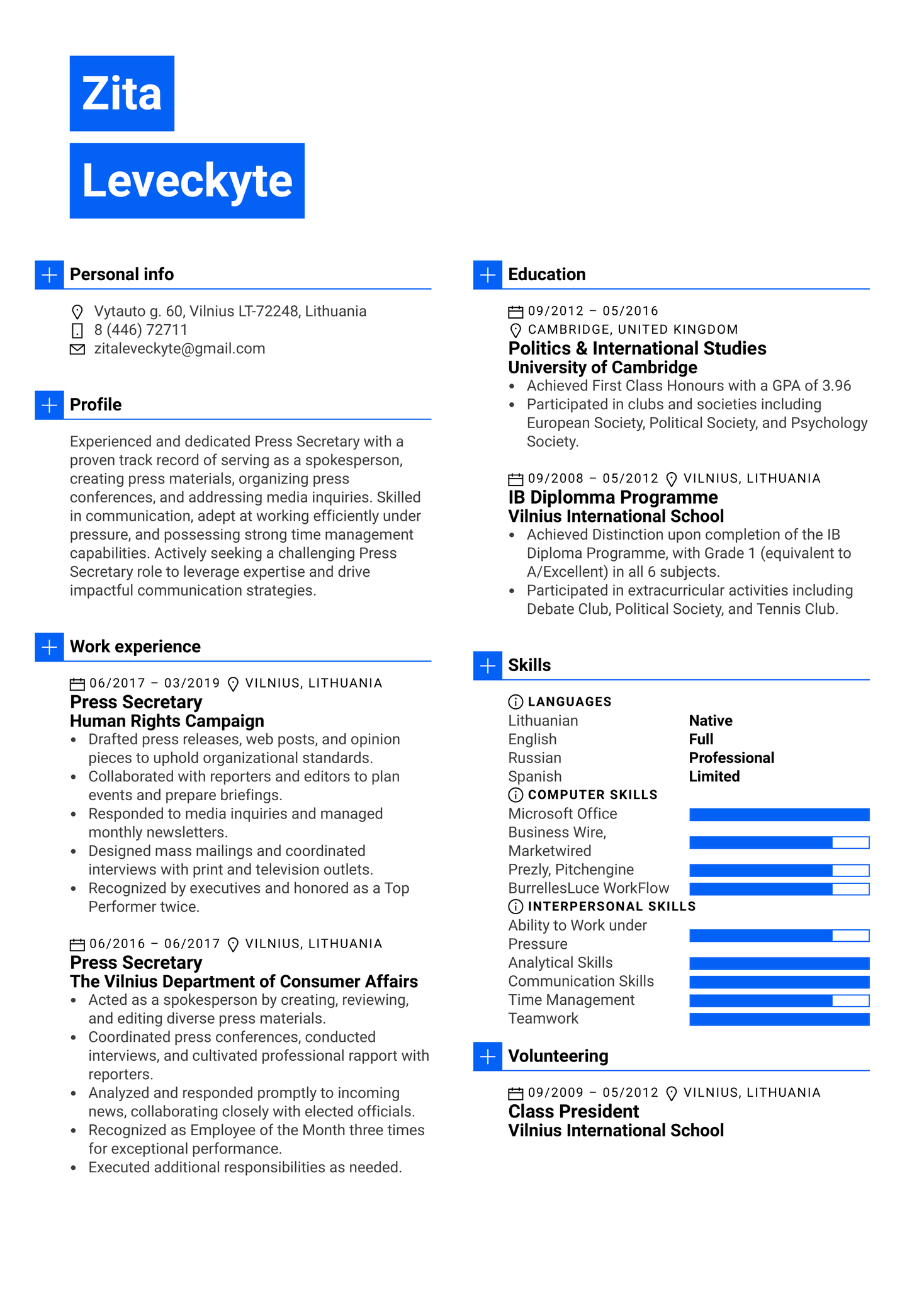 Press Secretary Resume Example