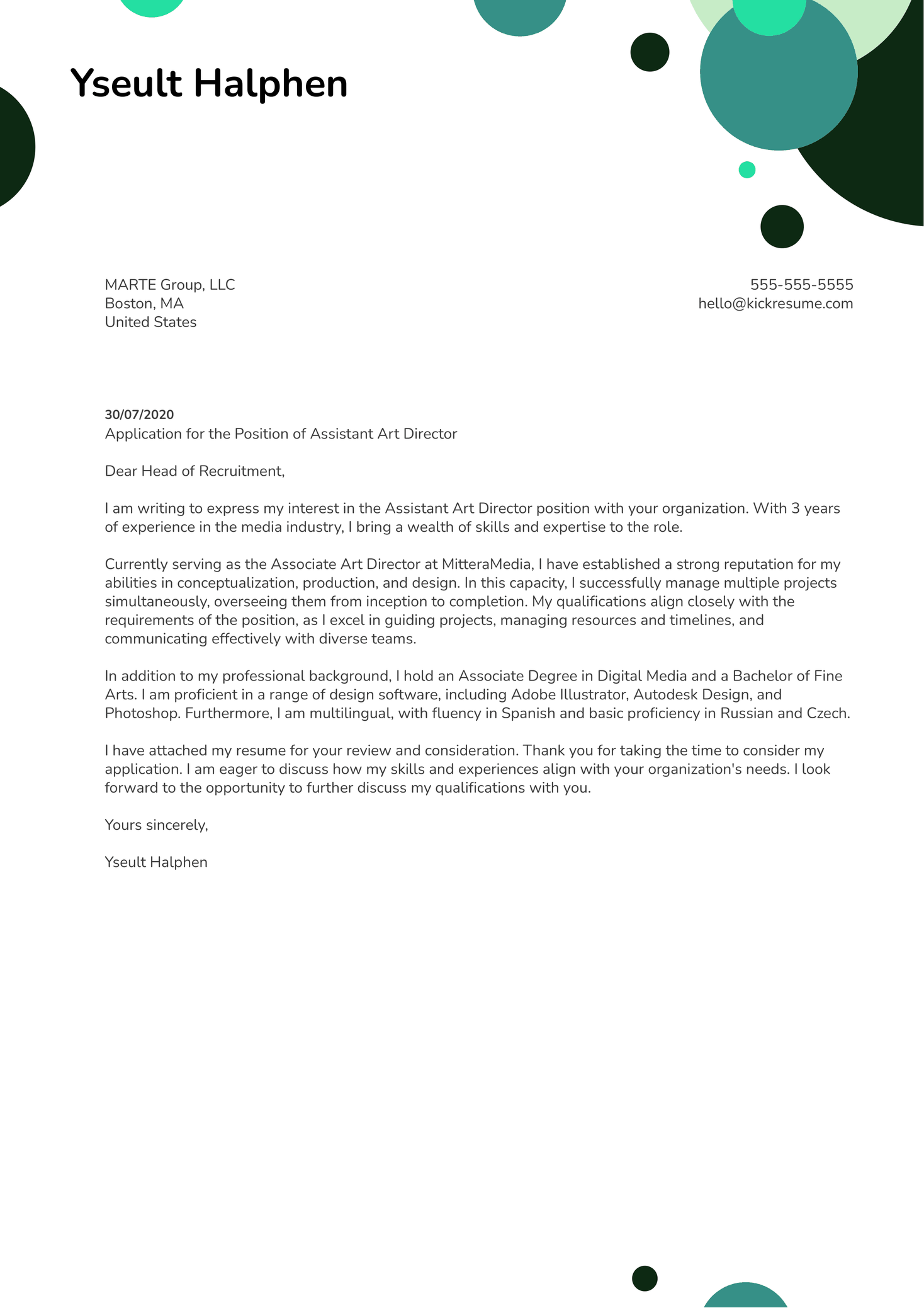 Assistant Art Director Cover Letter Sample