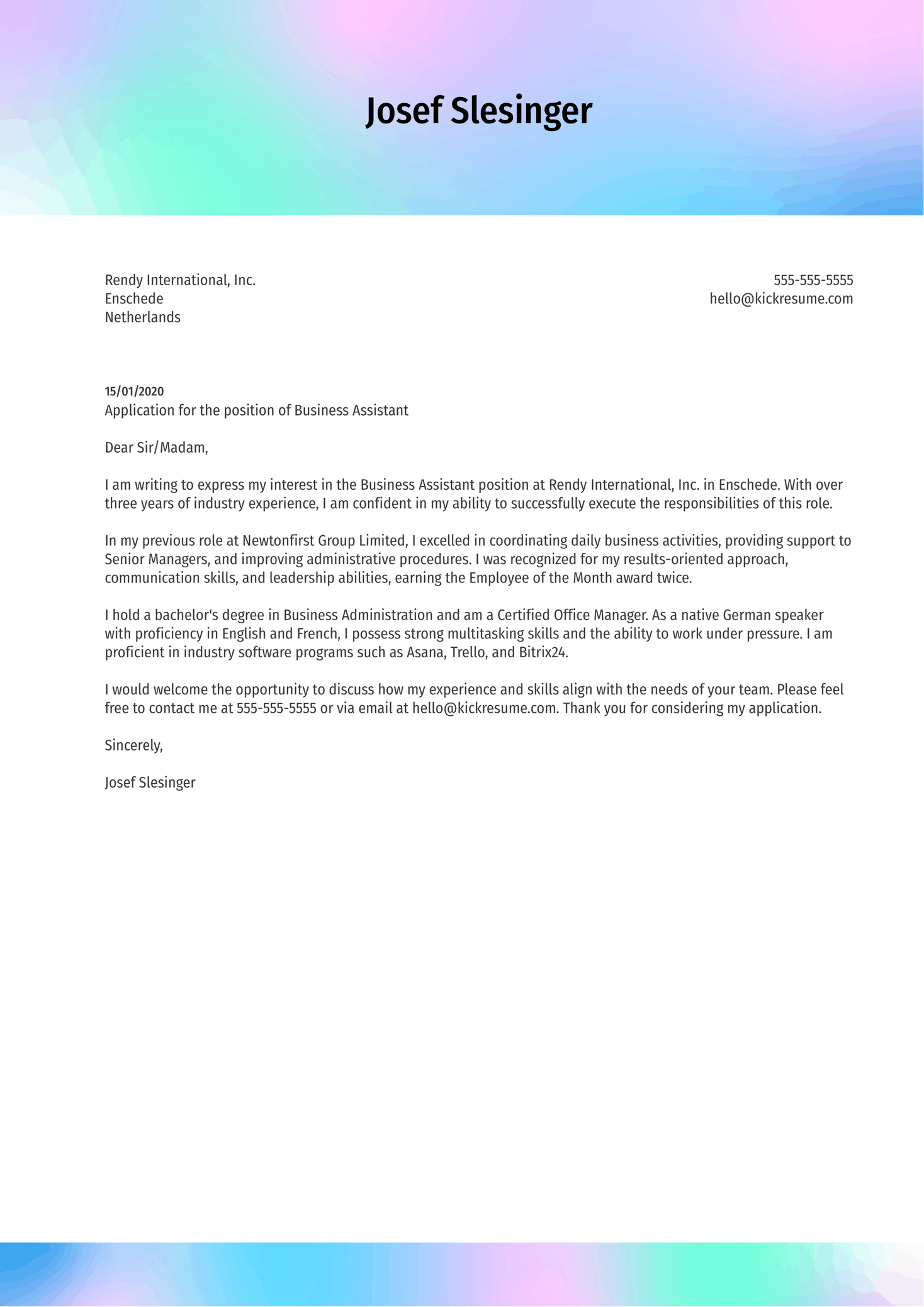 Business Assistant Cover Letter Example