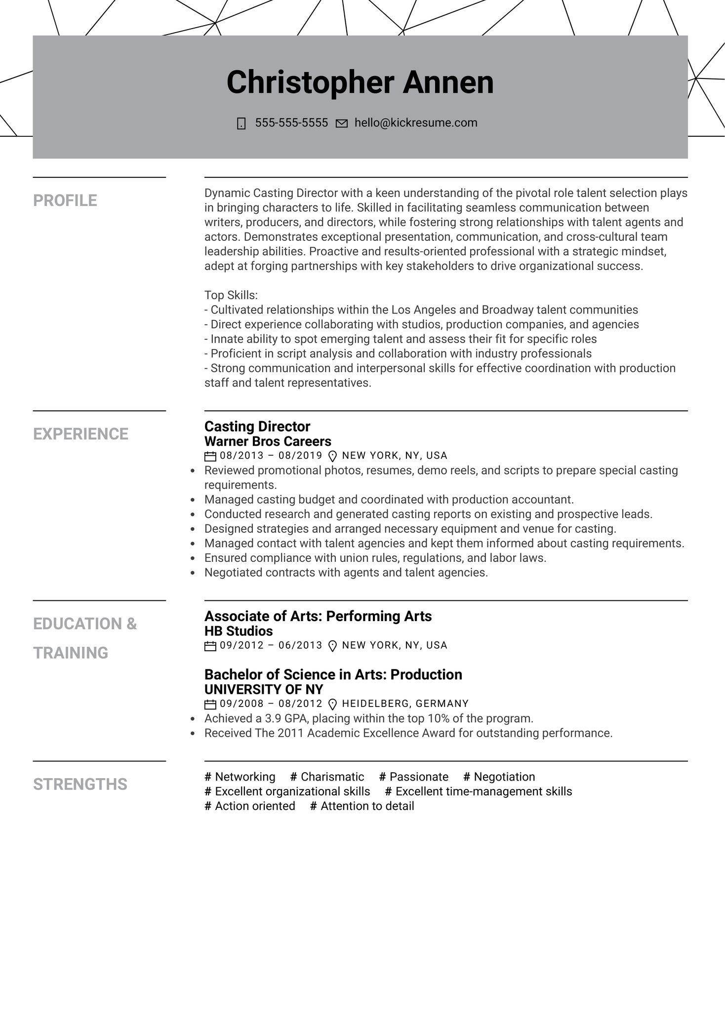 Casting Director Resume Sample